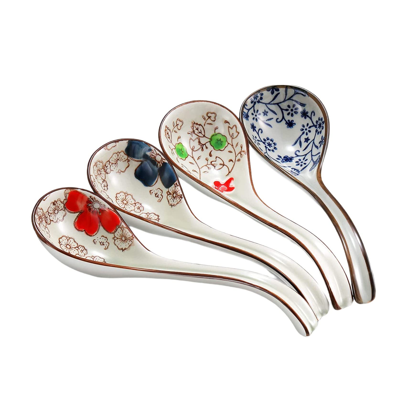 4 Stuks Aziatische Retro Chinese Keramische Rijstlepels - Gebogen Handvat, Bloemdesign