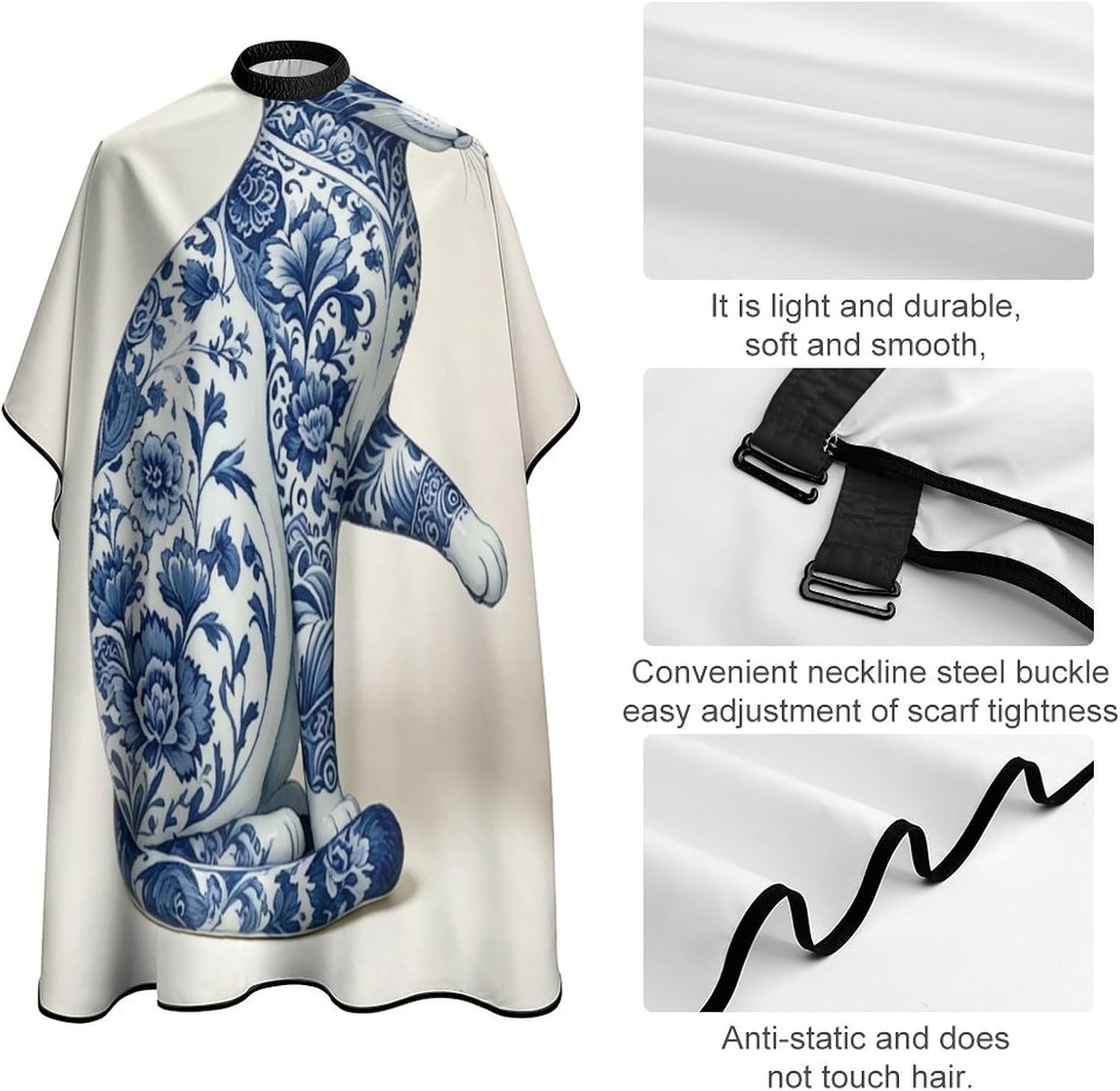 Chinoiserie Blue Cat Hair Stylist Apron Waterproof Barber Cape | Hair Cutting Cape Lightweight for Men and Women with Adjustable Snap Closure,Soft,Durable,for Barber and Home 56.7*66.9 Inch