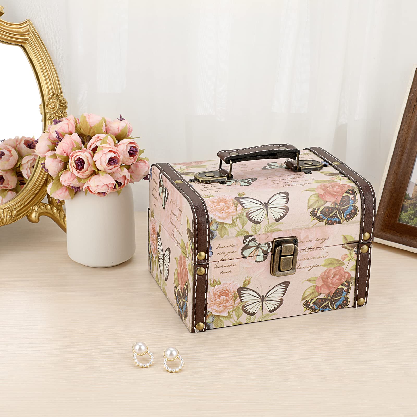 Coffret au trésor boîte de rangement en bois + cuir PU coffret à bijoux vintage cadeau pour ranger des bijoux,bibelots 18 x 14 x 12cm (motif de papillon)