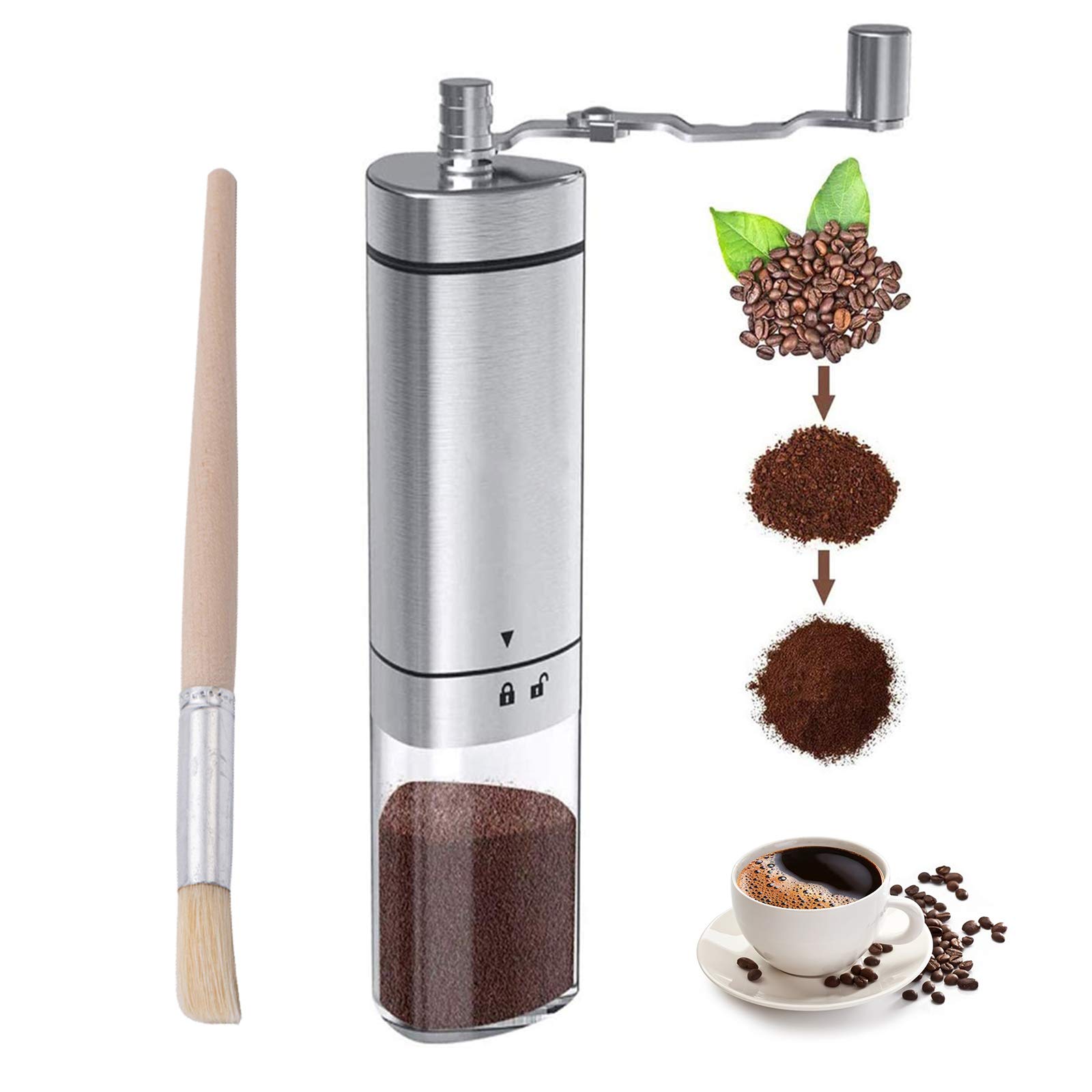 Manual Coffee Grinder Stainless Steel, Portable Hand Coffee Bean Grinder with Adjustable Conical Ceramic Burr & Brush, Hand Crank Grinder Grinder for Espresso French Press Turkish Brew