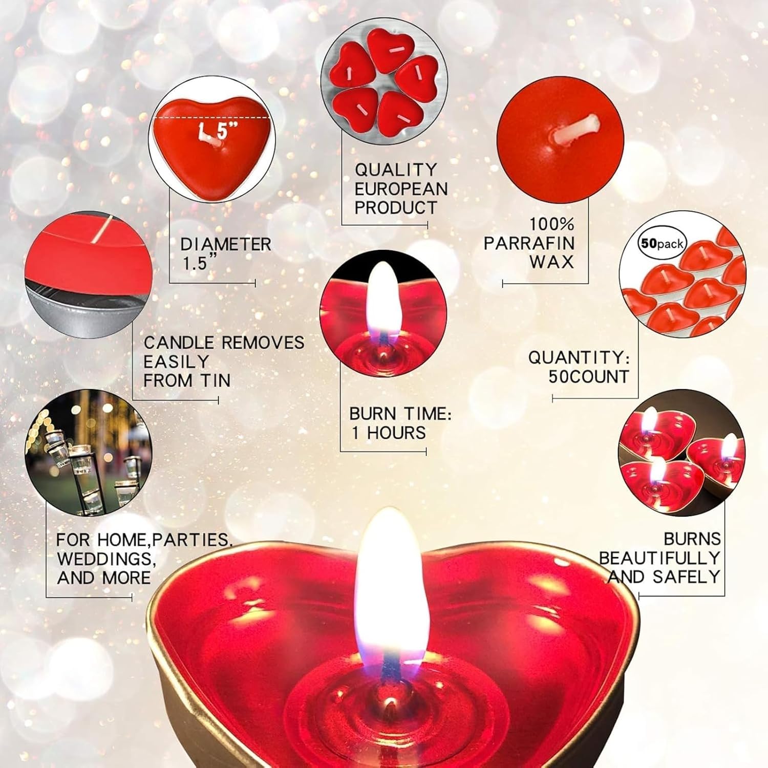 50 Pack Heart Shaped Tealight Candles, Tea Lights Candles, Red