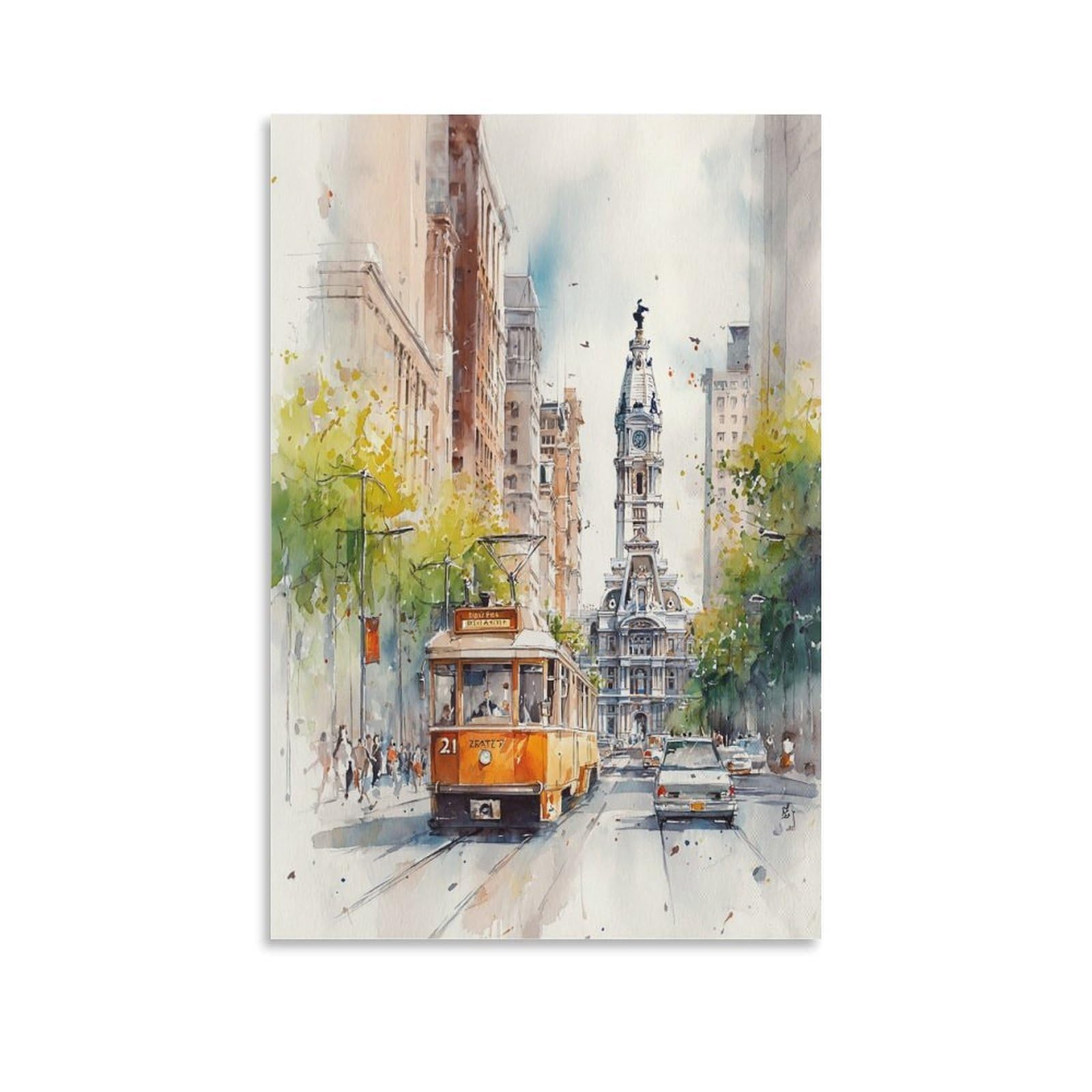 LCYNNH Philadelphia City Hall 20x30inch(50x75cm) Vintage Travel Poster Watercolor Canvas Art
