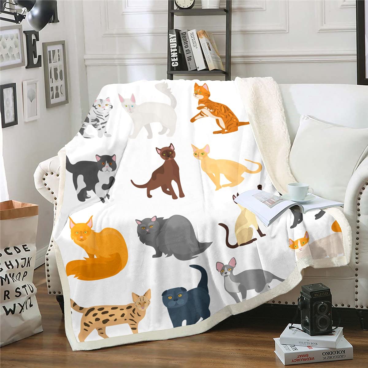 Homemissing Cats Sherpa BlanketCute Cat Animal Fleece Throw Blanket for Kids Boys Girls Pet Cat Plush Blanket Lovely Various Cat Animals for Sofa Bed,King 87x94 Inch
