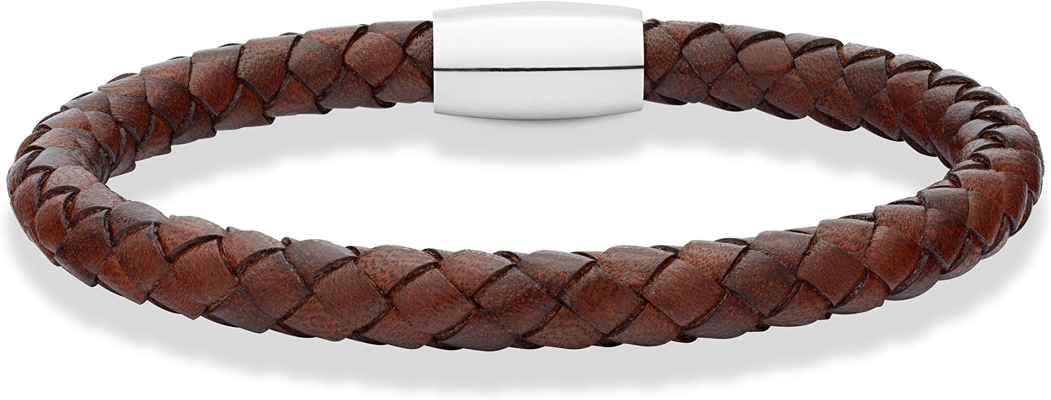 MiabellaGenuine Italian Braided Leather Bracelet for Men, Stainless Steel Magnetic Closure, Made in Italy