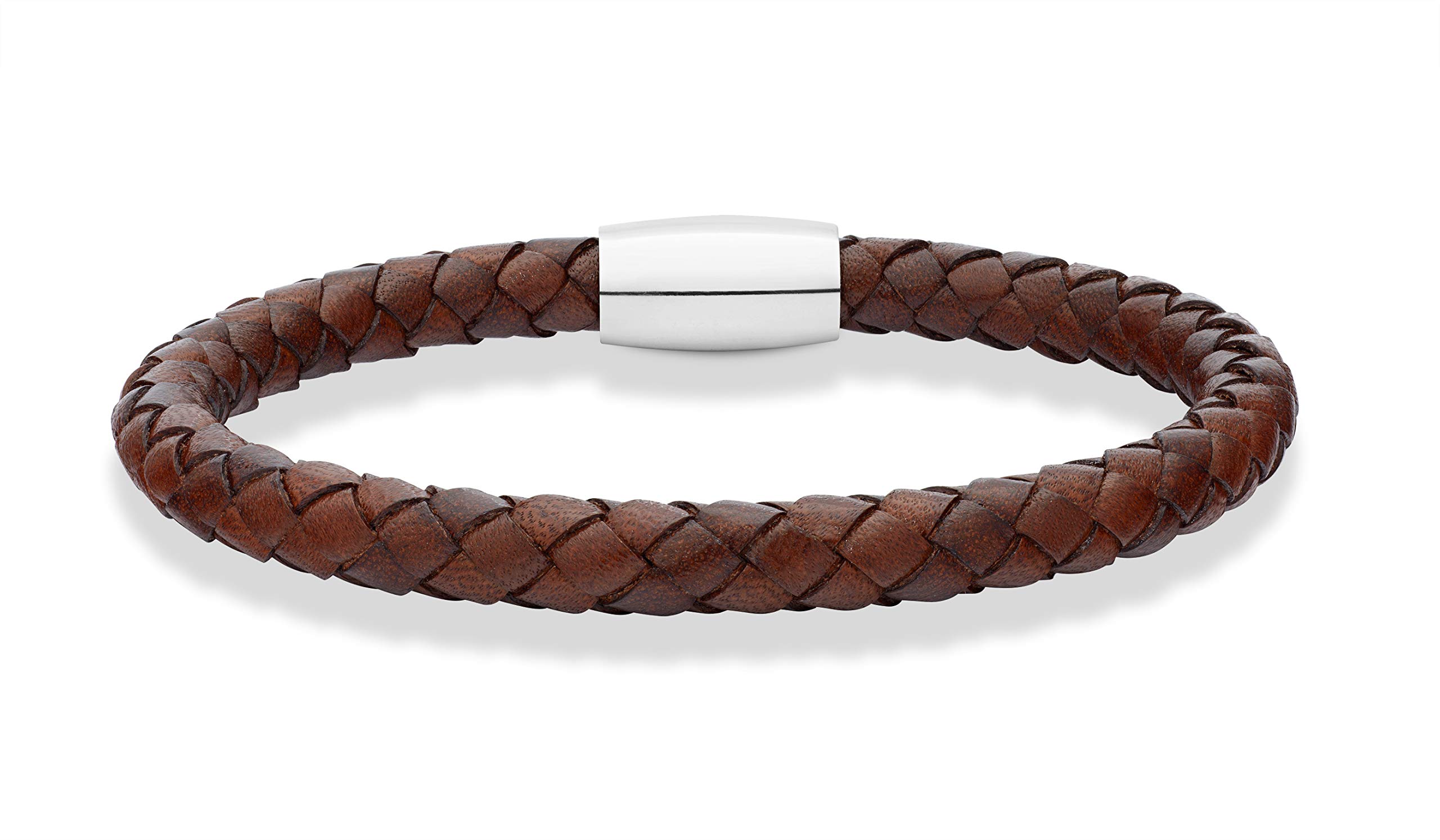 MiabellaGenuine Italian Braided Leather Bracelet for Men, Stainless Steel Magnetic Closure, Made in Italy