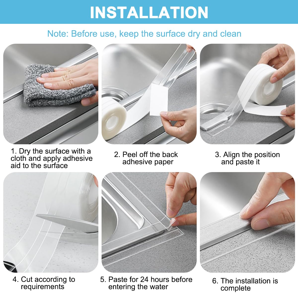 Nastro Sigillante Impermeabile Per Doccia E Vasca - 2 Rotoli, PVC Autoadesivo, 3,8 Cm X 3,2 M, Antimuffa - Foto 8