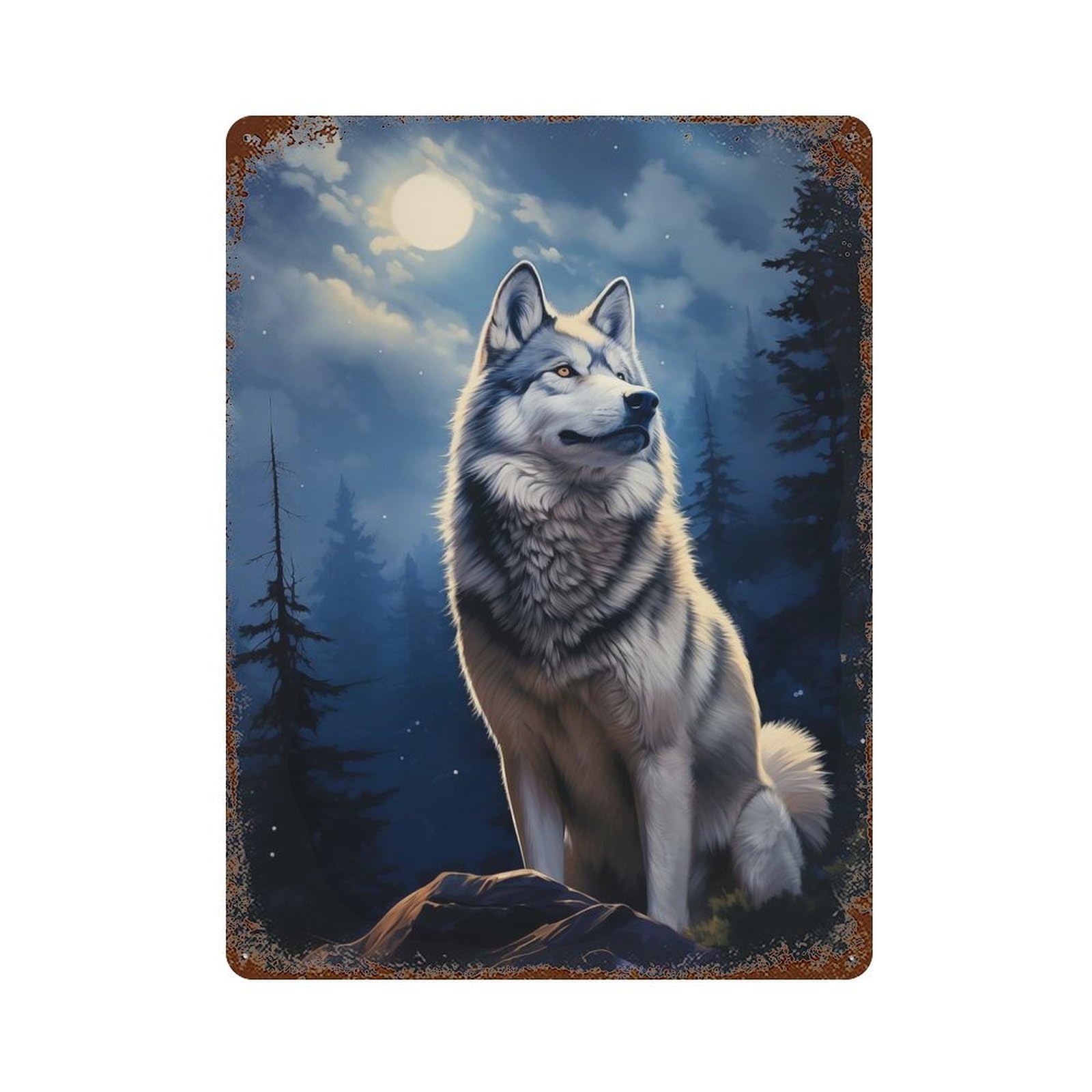 Siberian Husky at Night Decorative Tin Sign 15.7"x11.8", Retro Wall Decor for Basement, Hobby Room And Garage Decor