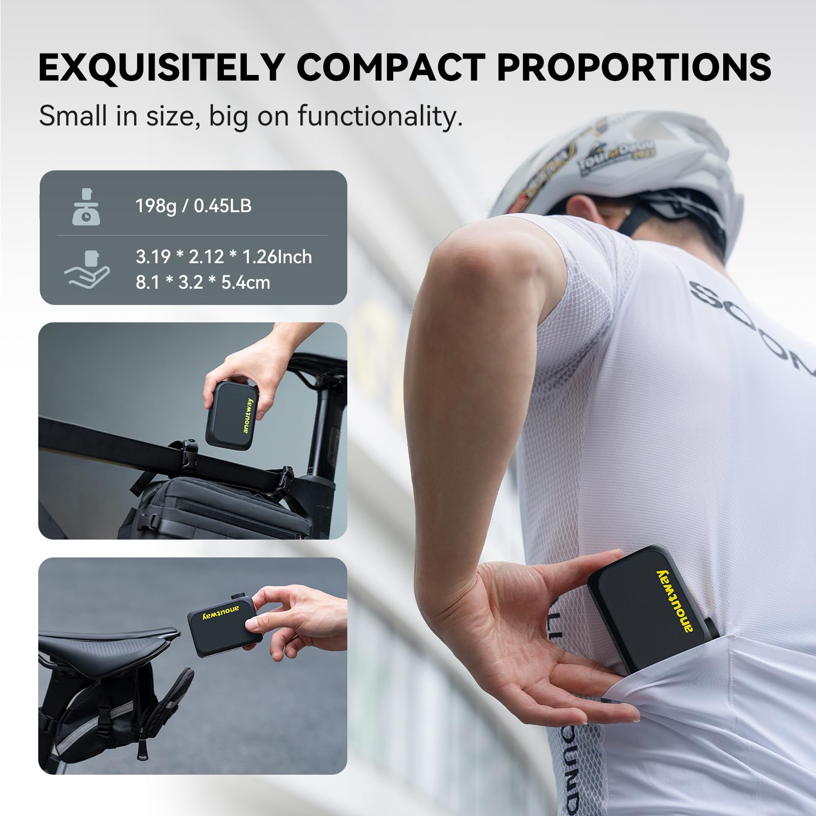 anoutway Tiny E-Pump pompa per bicicletta, mini pompa per pneumatici da bicicletta portatile, spegnimento automatico, pompa per bicicletta elettrica MAX 120 PSI per valvola Schrader e Presta AT1