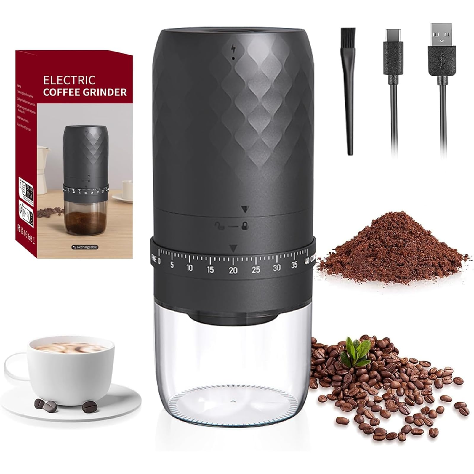 Molinillo eléctrico de granos de café, molinillo de café inalámbrico portátil, 40 ajustes de grosor ajustables, vida útil extralarga, recargable por USB, para café de goteo, cafetera de prensa