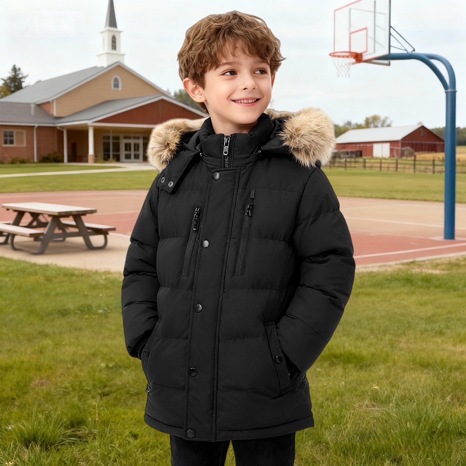 Piumino per bambini con cappuccio in pelliccia e tasche, tinta unita, giacca invernale, impermeabile, comodo, morbido, giacca a vento, giacca con cappuccio, leggera, alla moda, per attività all'aria