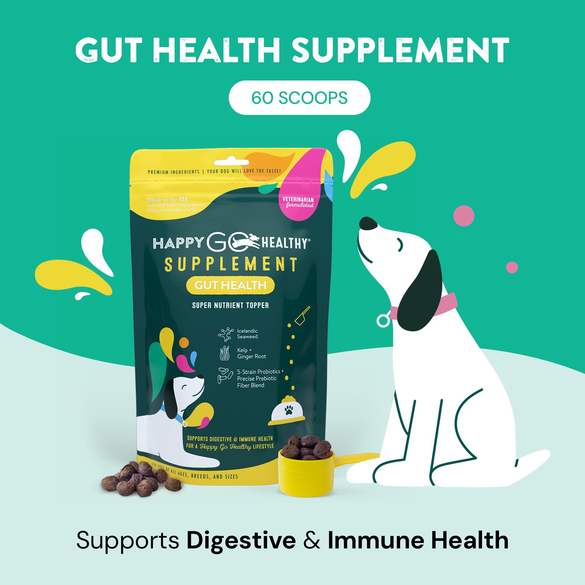 Dog Gut Health Probiotics Supplement | Improves Digestive Health and Immune System Support for Dogs and Puppies | All Natural Ingredients Tasty Kibble Dog Food Topper | 60 Count Pack