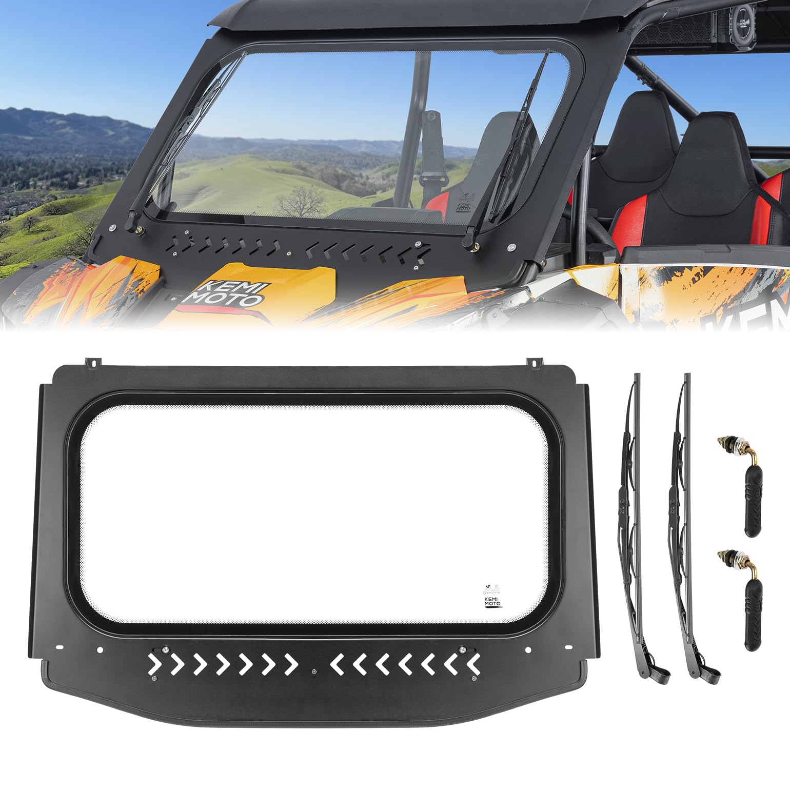 KEMIMOTO 2024+ XP 1000 Glass Windshield with 2 Manual Wipers Upgraded Adhesive Process Glass, Compatible with Polaris RZR XP 1000/RZR XP S 1000/4 2024-2026, Vent Front Full Windshield Fit with Roof