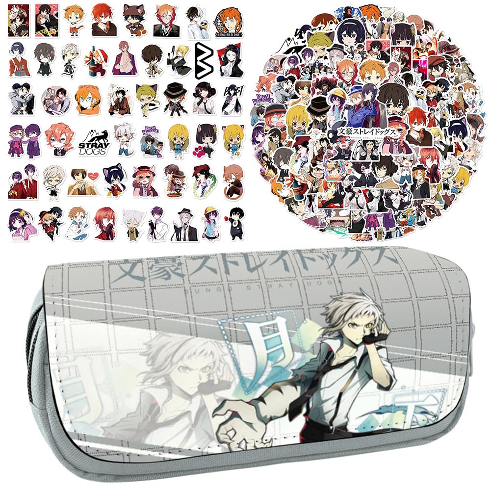Bungo Stray Dogs Anime Printed Pencil Case Student Stationery Bag Large Capacity Double Layer Pencil Bag Free 100 pcs Anime Stickers Cartoon Graffiti Waterproof Stickers