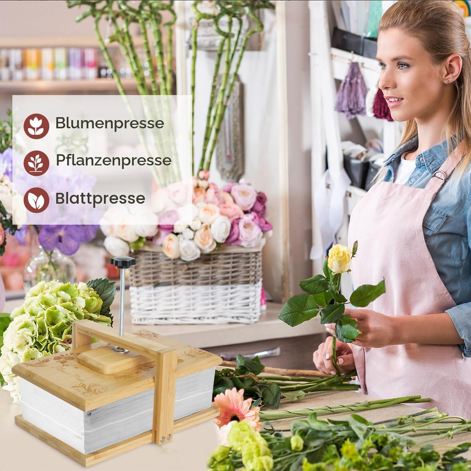 Whemyreat Blütenpresse Holz Set, 6 Schichten Blumenpresse, DIY Bastelset für Gepresste Blumen & Papierkunst, Buchbindepresse für Kinder und Erwachsene, Gewünschtes Geschenk für Handwerksliebhaber