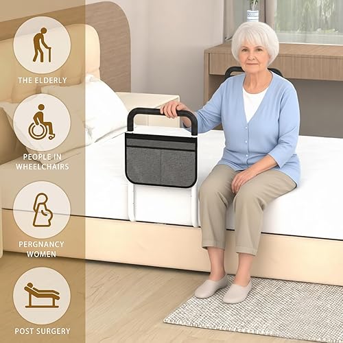 Miniatura 7 de Rieles de cama para adultos mayores, barandilla auxiliar de movilidad de noche, barra de apoyo médico con bolsillo de almacenamiento y correa de