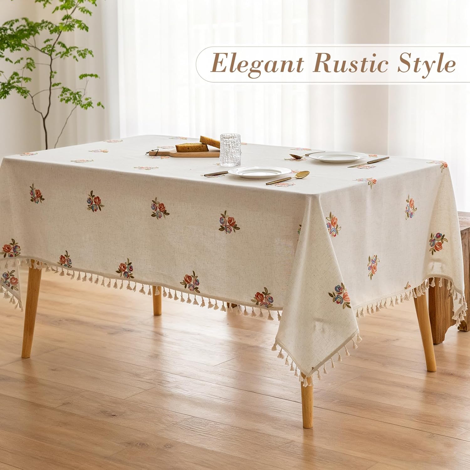 Cream Linen Tablecloth Rectangle 60 x 84 Inch Colorful Floral Pattern Embroidered Table Cloth with Tassel Heavy Duty Neutral Vintage Farmhouse Thick Faux Burlap Table Cover for Dining Party Holiday