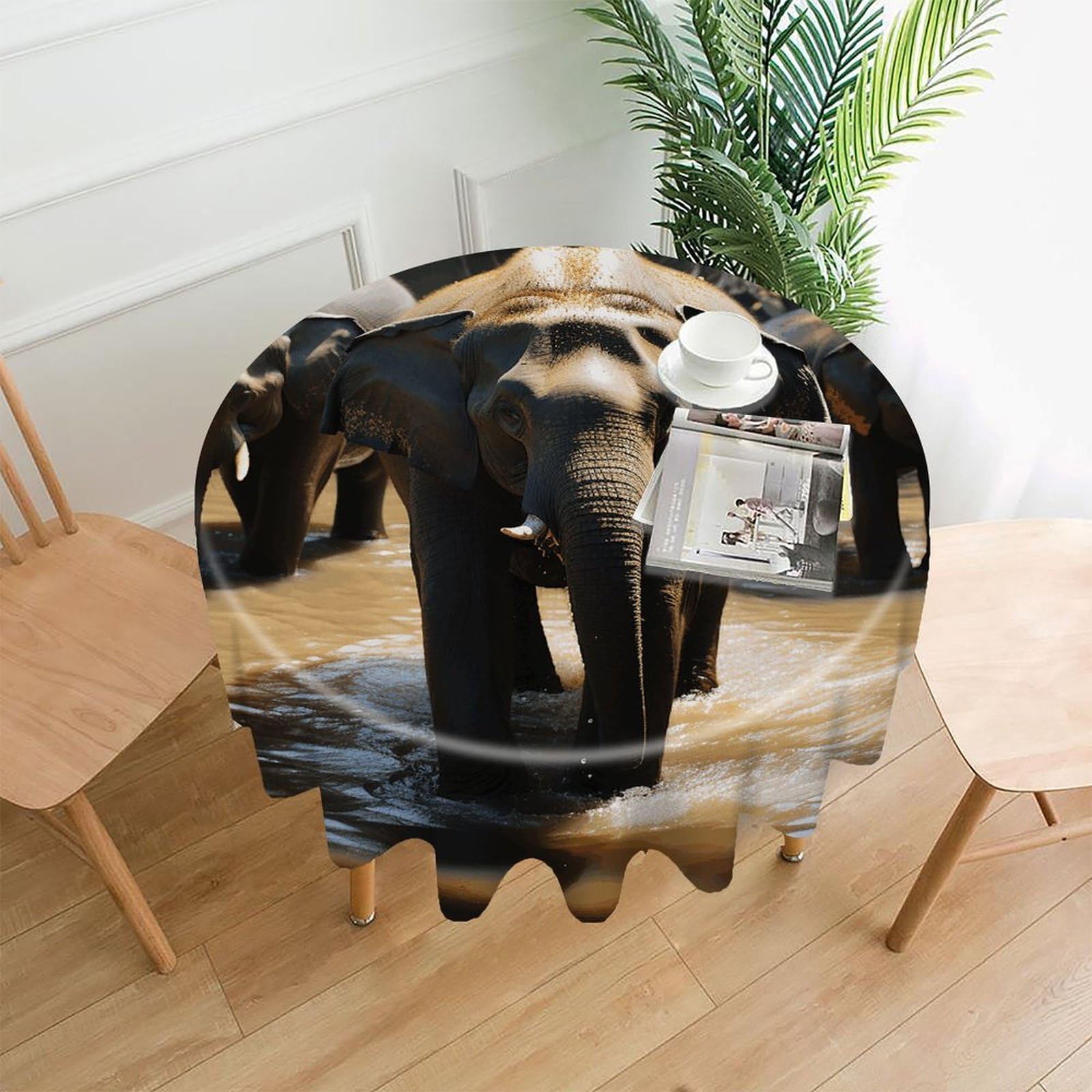 LZQPOEAS Elephant Drinking Water Tablecloth Decorative Round Table Cloth Wrinkle Resistant Round Tablecloth Washable Circle Table Cover for Kitchen Dining Party Wedding Camping 60 Inch