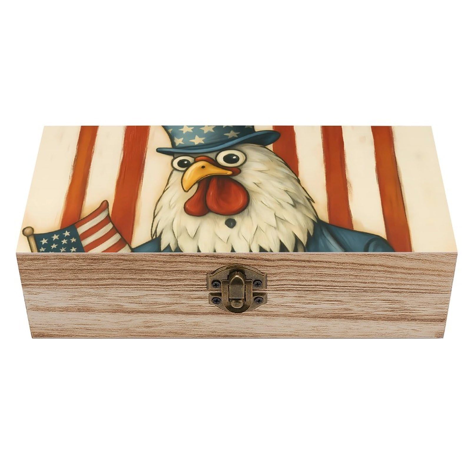 HLBSDM Rooster Holding The United States Flag And Eggs Retro Wooden Storage Box Jewelry Art Gift Boxs Decorative Keepsake Boxes