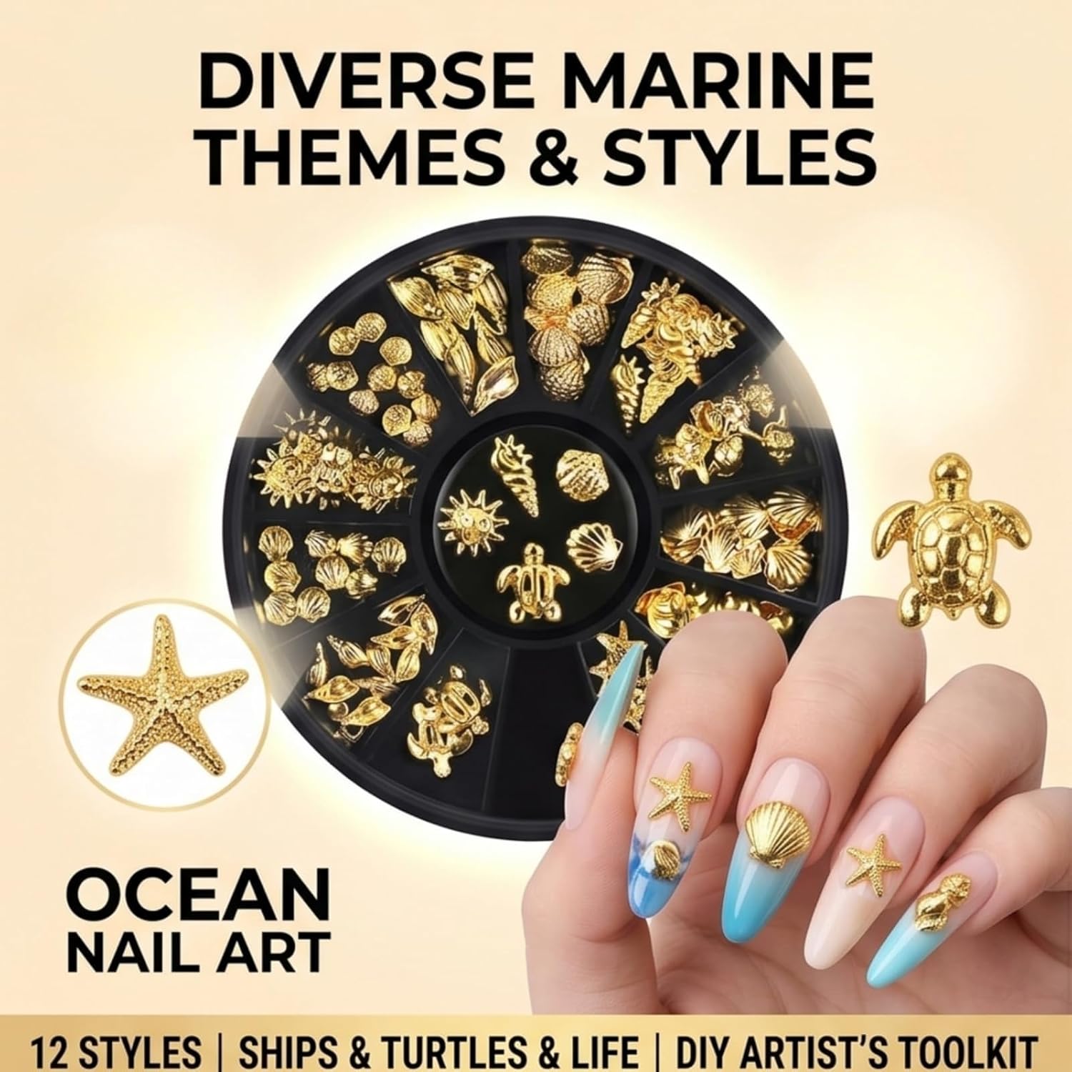 12 Styles Gold Ocean Nail Art Metal Studs 3D Charms for DIY Acrylic Tips | Palm Tree Design, Turtle Charms, Marine Life Theme, 3D Metal Studs, DIY Nail Decor
