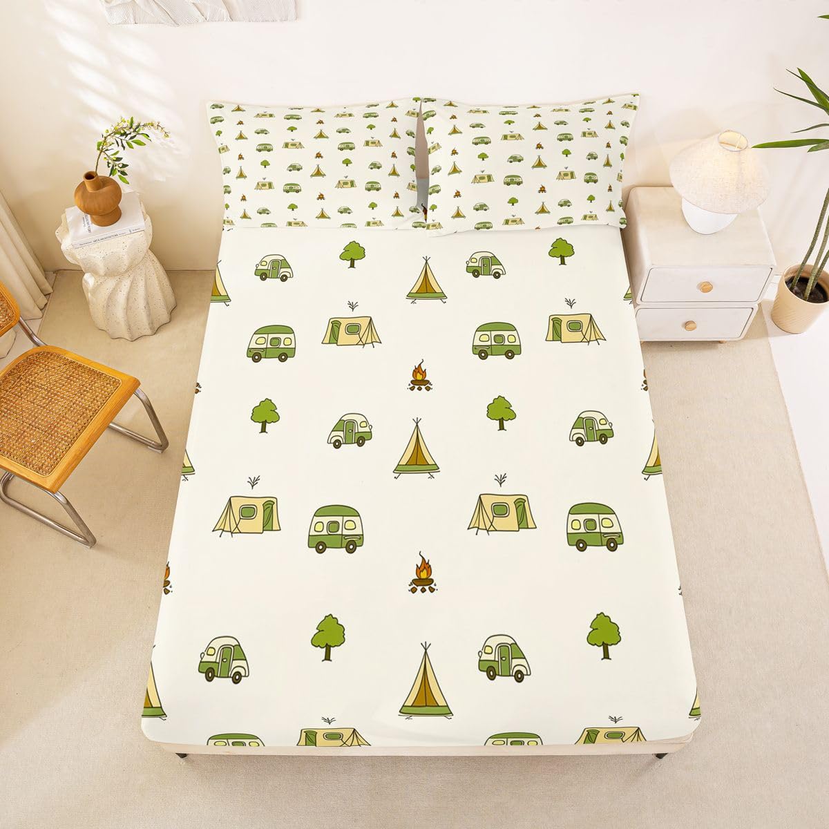 Homewish Motyw kempingowy Prześcieradła Podwójne Ognisko Podróżne Zestaw Arkuszy Kemping Impreza Dekoracja Zestaw Pościeli - Rv Camper Decor Dopasowane Płaskie Prześcieradła 4 Sztuki