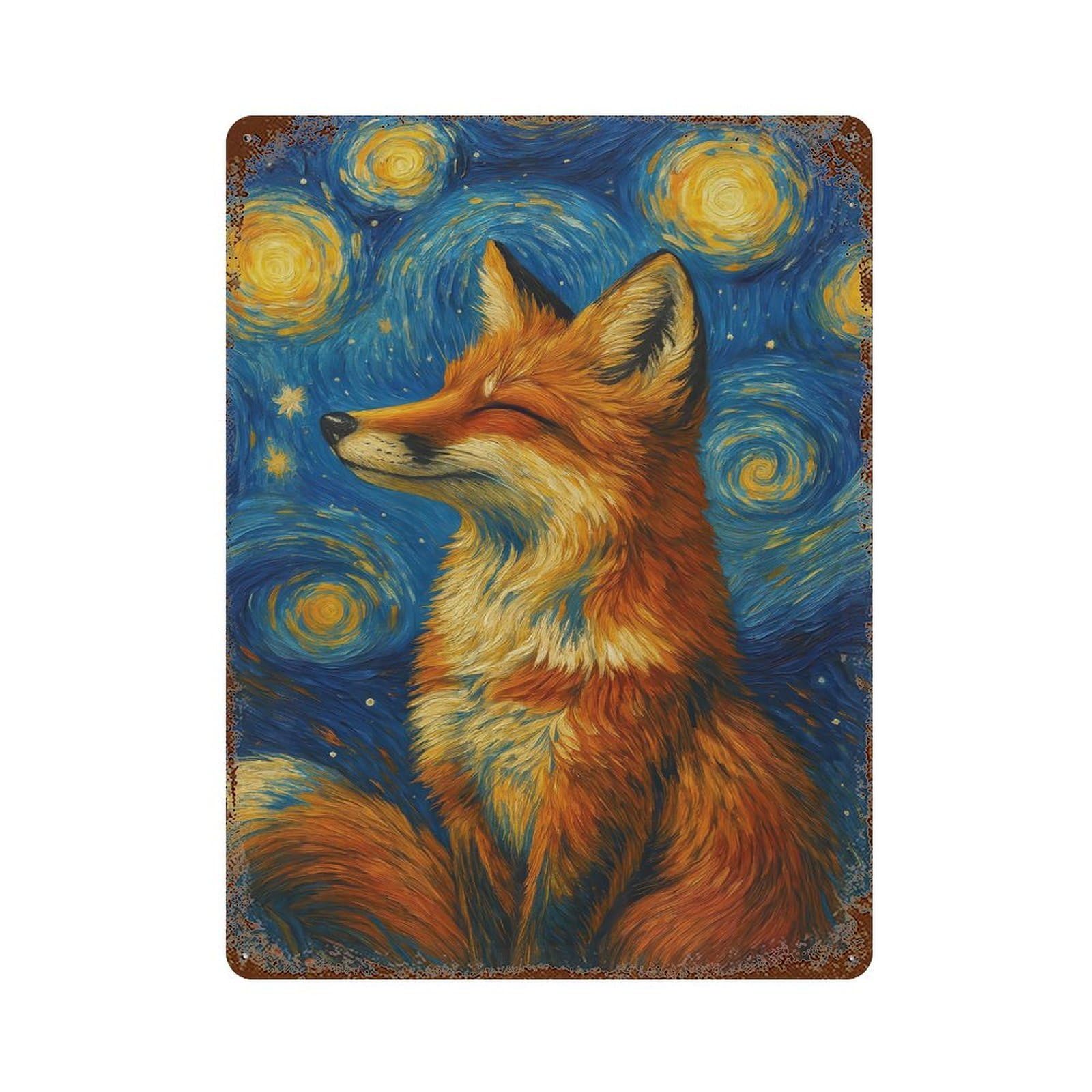 Fox in Starry Night Style Rusty Metal Tin Sign 15.7"x11.8", for Basement, Hobby Room And Garage Decor, Retro Wall Decor