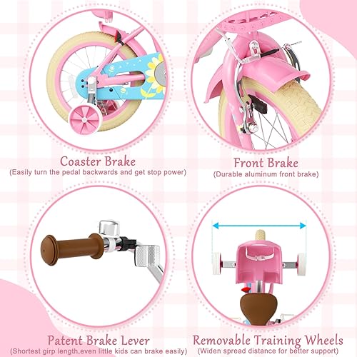 Miniatura 5 de Glaf Bicicleta para niñas de 3-5, 12, 14, 16 pulgadas, con ruedas de entrenamiento y asiento de muñeca de bebé, bicicleta para niños de 2 a 9 años,