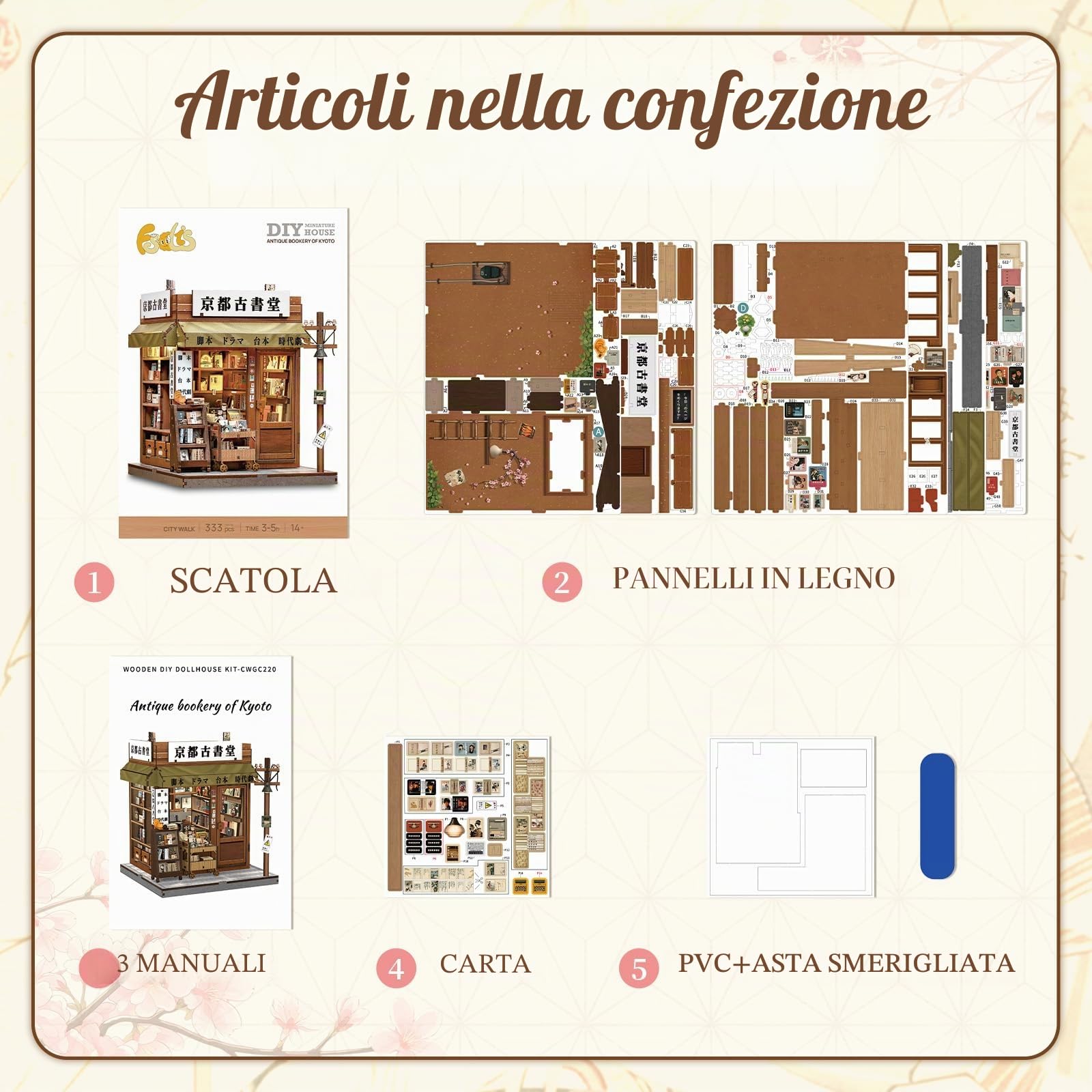 Fsolis Book Nook Japan Kit Antiquariato di Kyoto Puzzle 3D in legno