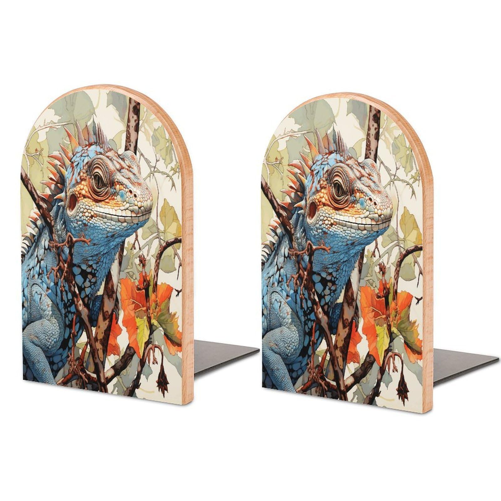 Lizard on The Branch Bookend Non-Skid Wooden Bookends for Shelves Heavy Duty Wood Book Ends Decorative Book Stopper Book Stand Non-Slip Book Organizer for Home Office Library