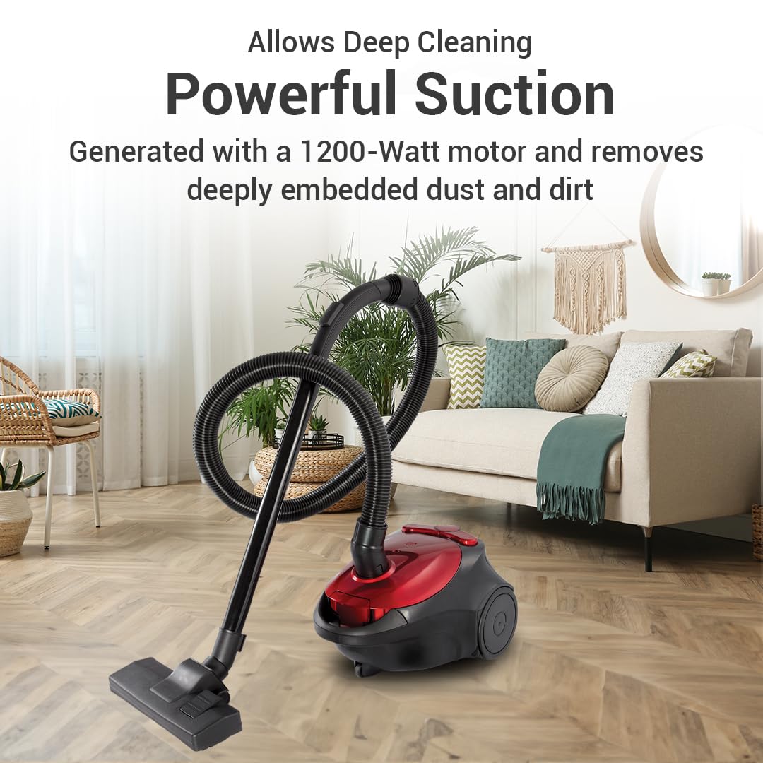 Vacuum cleaner in a living room setting, illustrating powerful suction