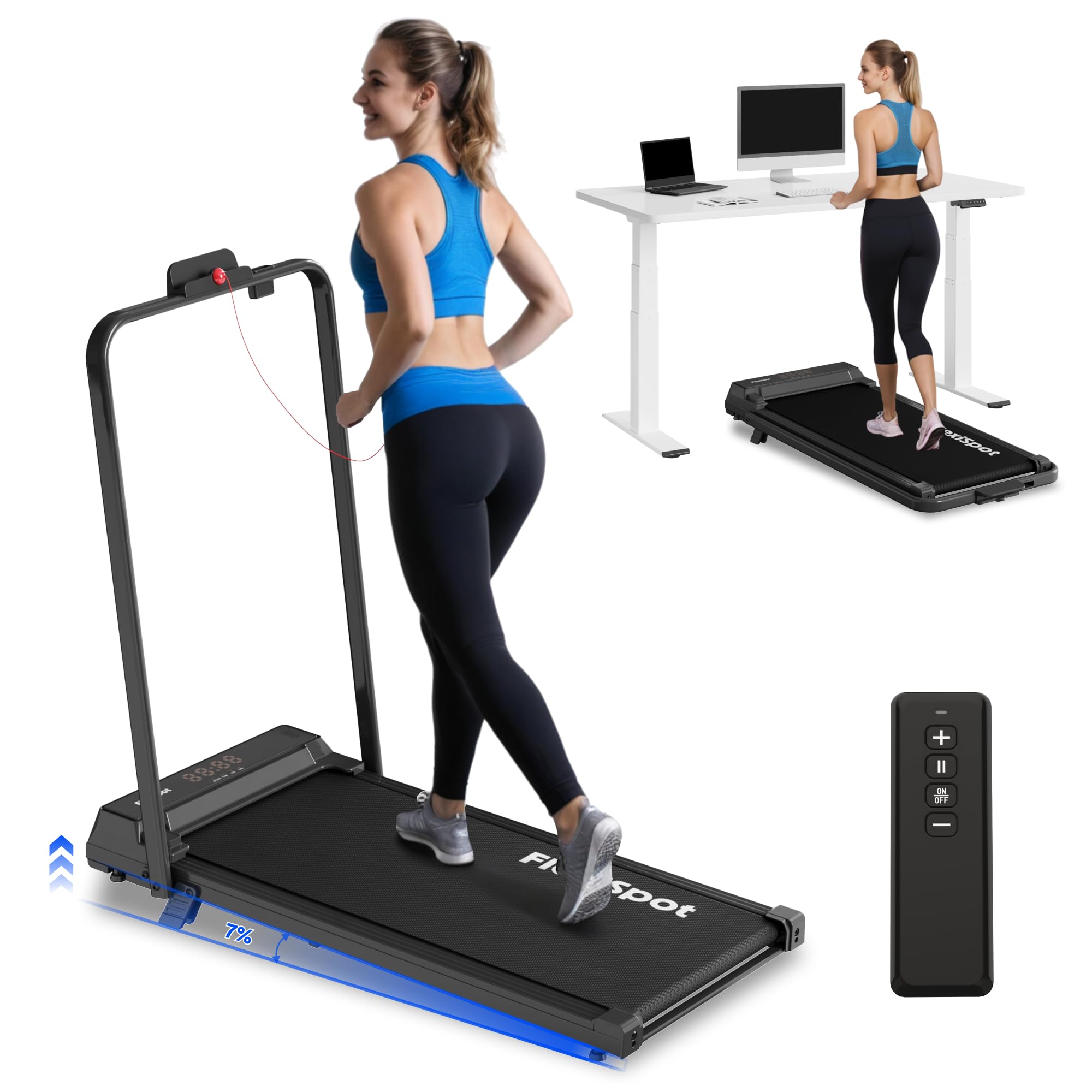 FLEXISPOT DynamicX Tapis Roulant Elettrico 2 in 1 Pieghevole con Corrimano, Walking Pad Inclinazione 7%, Velocità 1-12 km/h, Portata 140 kg, Display LED e Telecomando, per Casa e Ufficio