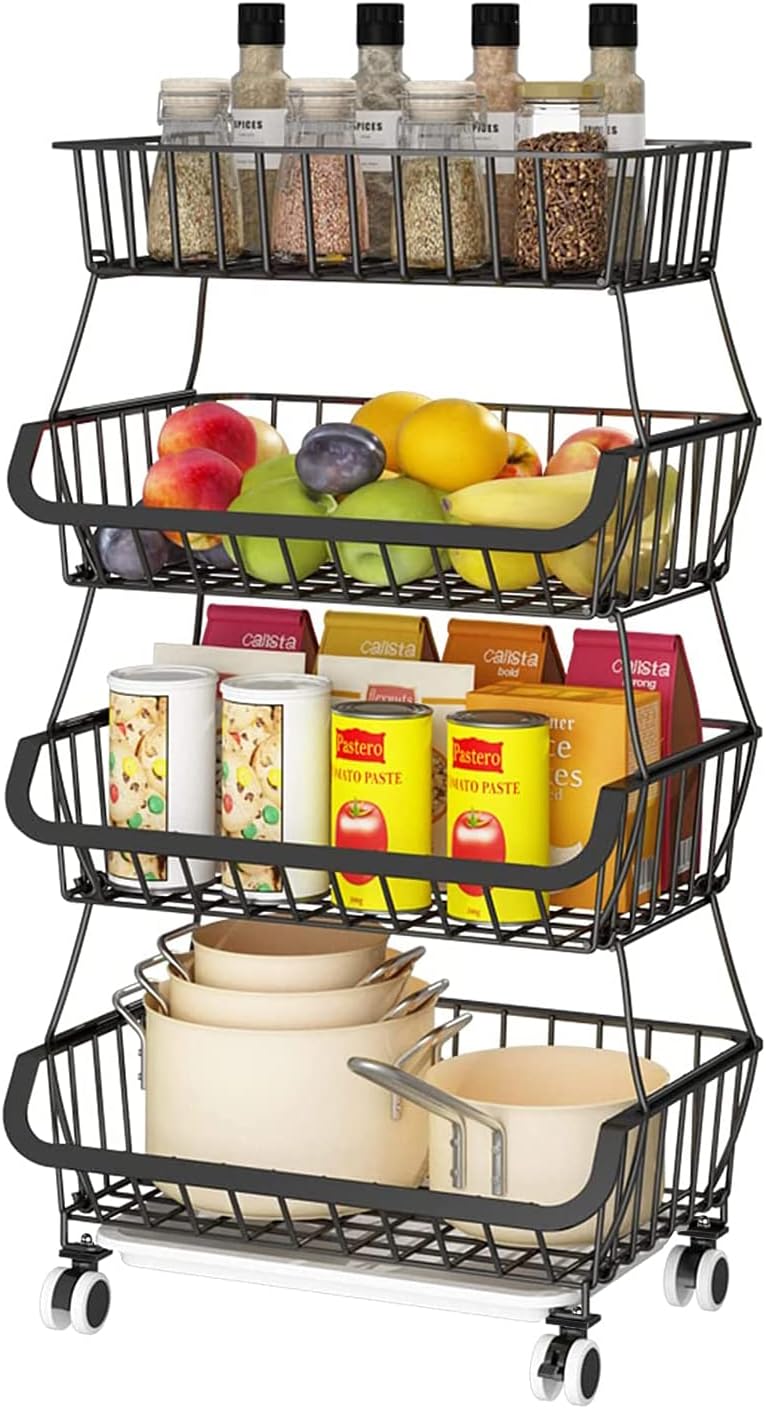 Apsan 4 Tier Fruit Basket for Kitchen, Fruit and Vegetable Storage Cart, Wire Storage Basket with Wheels, Vegetable Basket Bins Rack for Onions and Potatoes, Black ¡­