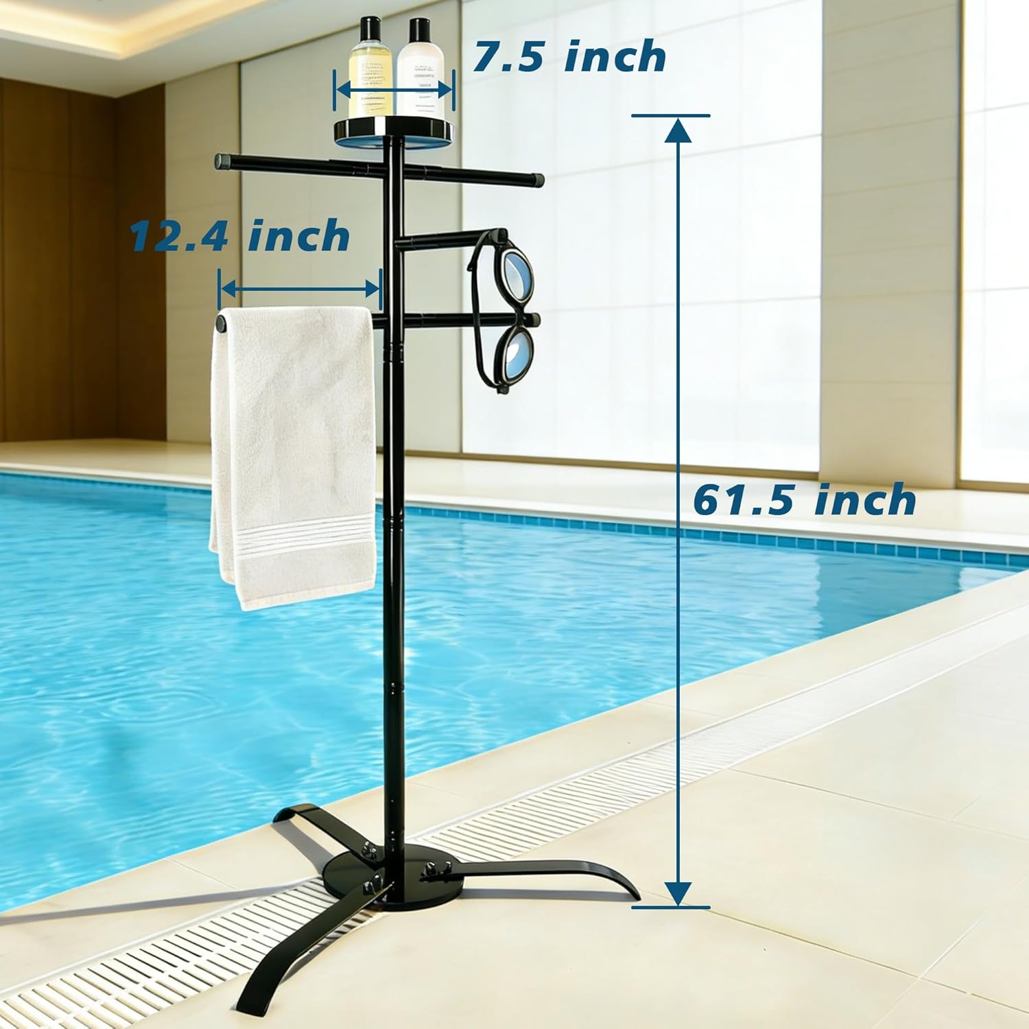 Pool Towel Rack Outdoor with Storage Tray, 61.6" Free Standing Hot Tub Towel Rack, Heavy Duty Pool Towel Holder for Towels, Swimsuits & Goggles, Pool Accessories for Backyard & Spa