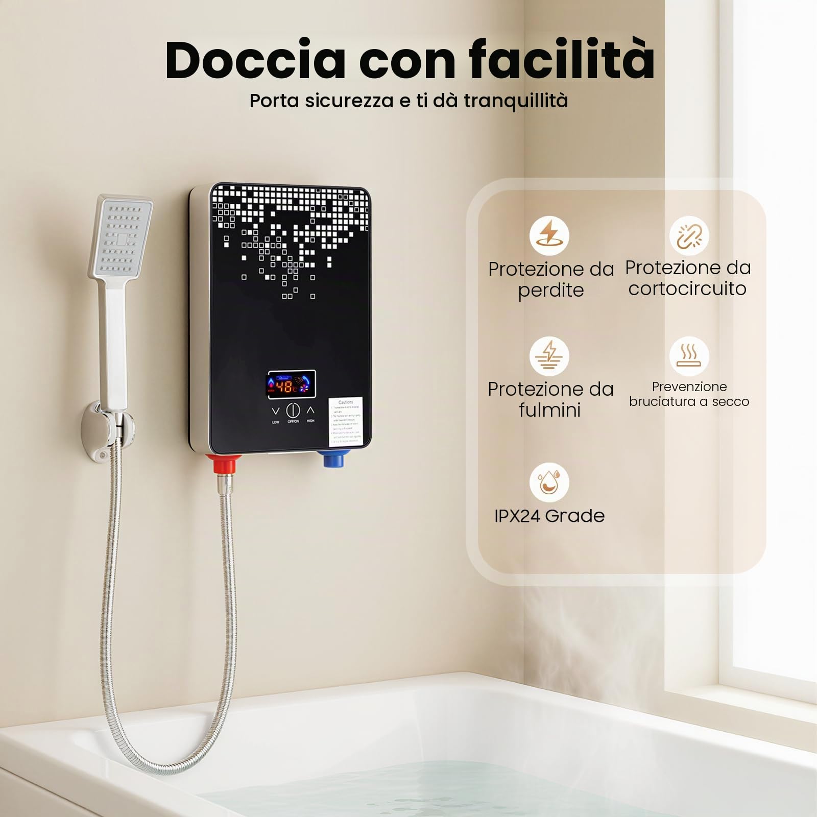 Scaldabagno elettrico 6500W scaldabagno elettrico con display LED temperatura regolabile temperatura regolabile impermeabile IPX24 scaldabagno con doccetta a mano per bagno e doccia