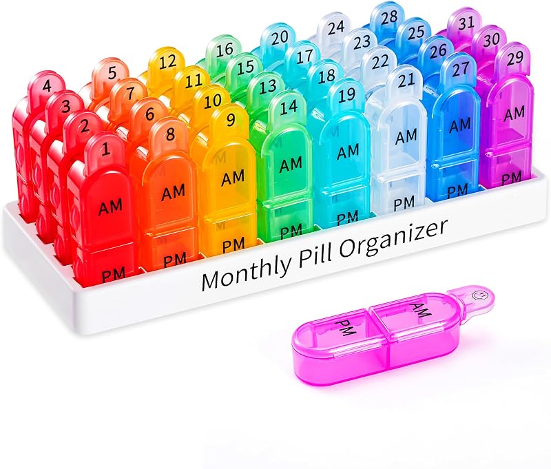 Daviky Monthly Pill Organizer 2 Times a Day - 30 Day Pill Box AM PM | Easy to Open and Use, Snap Securely, Save Space and Times, for a Month Supply of Medicine, Vitamins & Supplements