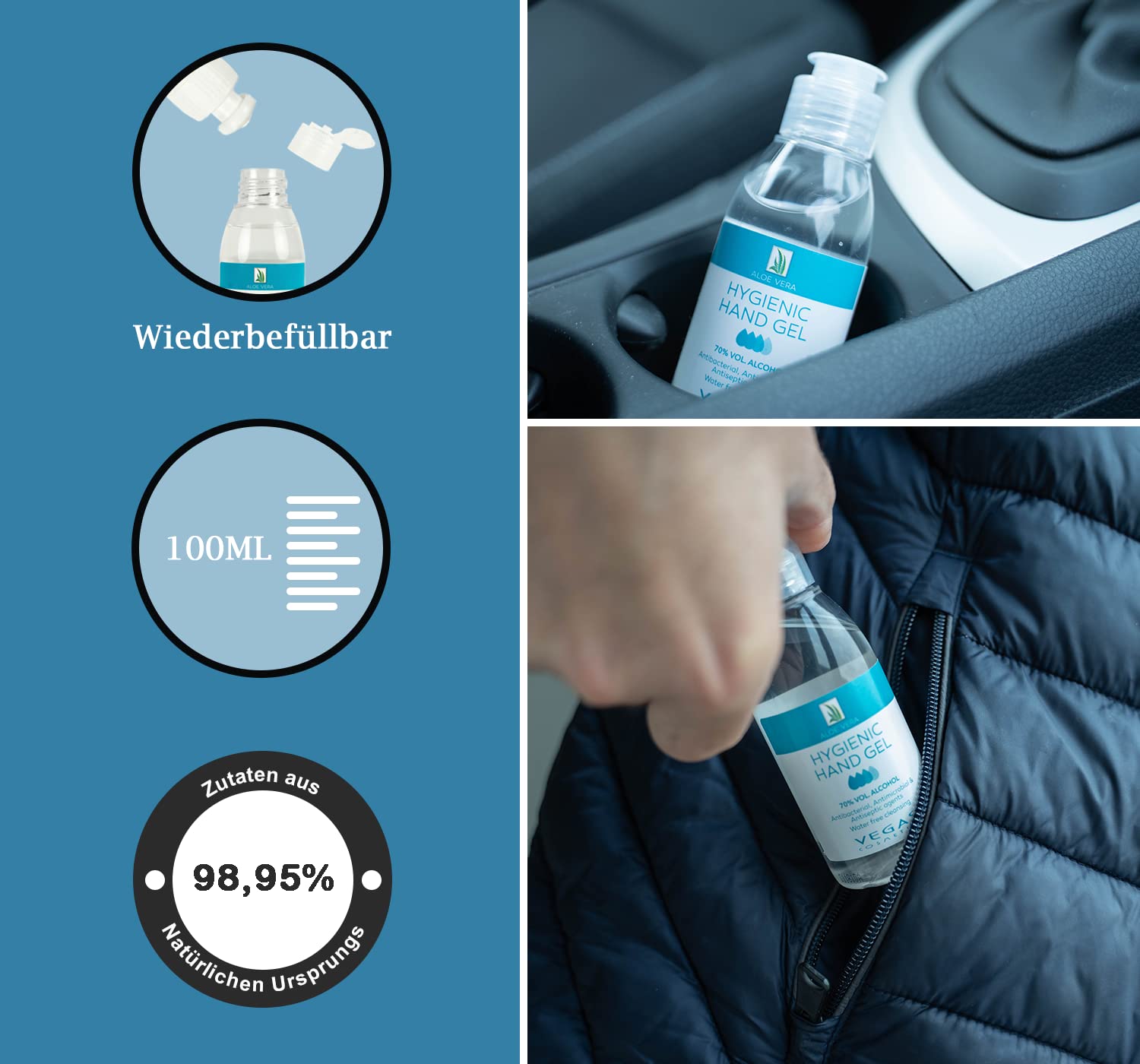 Hygienic Handgel Desinfektionsgel mit Aloe Vera 100ml • 10 Stück • zur hygienischen und schnellen Handreinigung ohne Wasser • Ideal für unterwegs