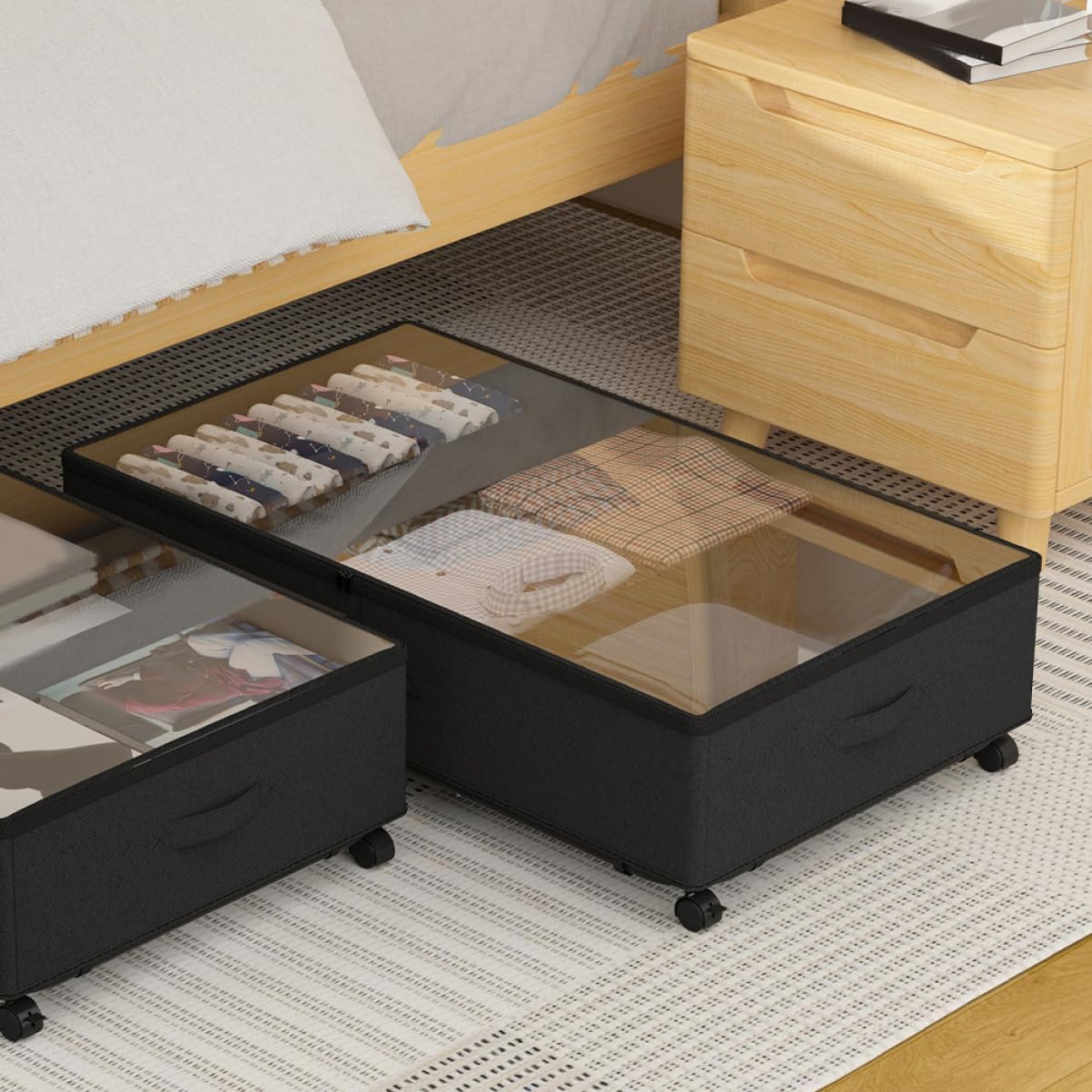 Happyyami Bed Storage Cart Nonwovens Quilts Box Wheels Lid for Clothes Storage Bag for Blanket