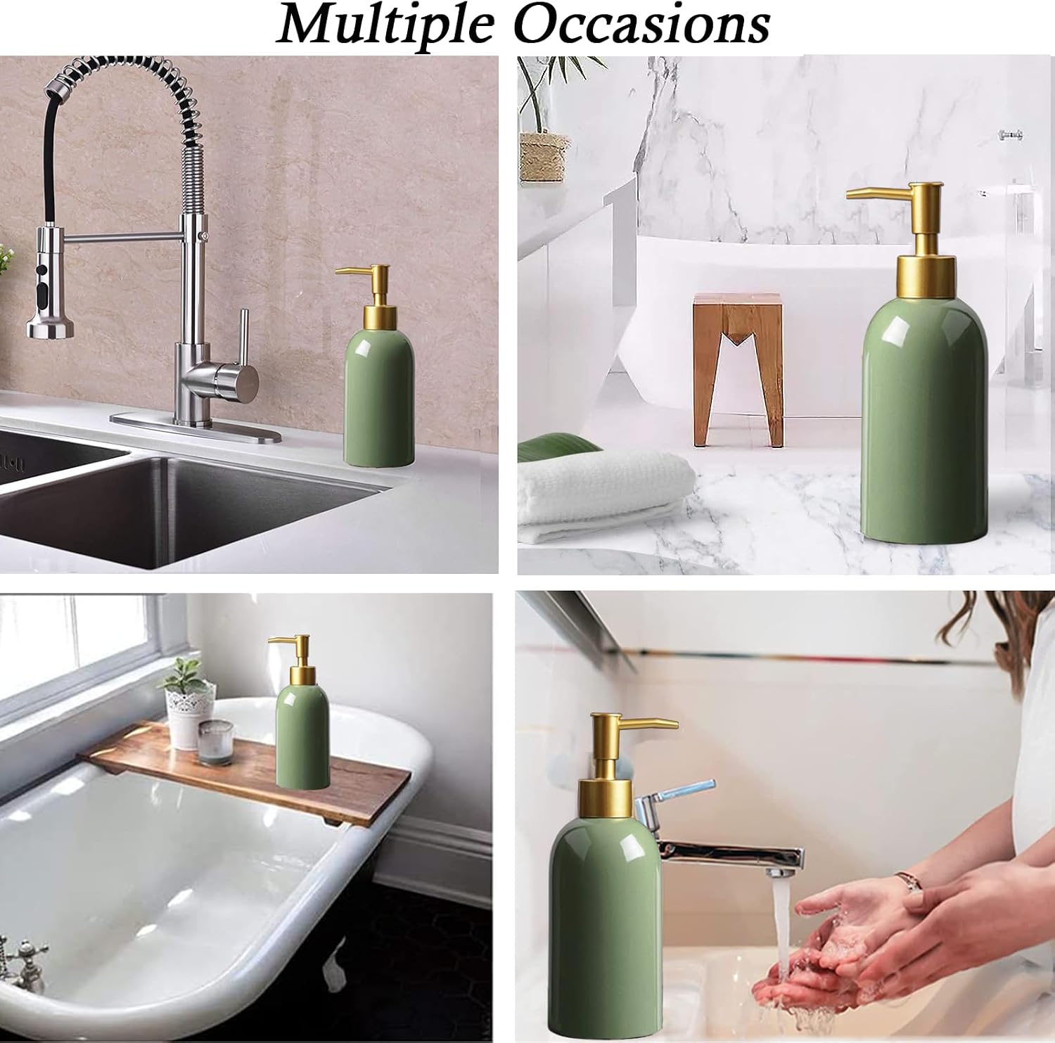 Ceramic Soap Dispenser Green with Gold Pump,Simple Design Cylindrical Lotion Dispenser Bottle,Refillable Liquid Hand Soap Dispenser for Kitchen,Bathroom,Washroom