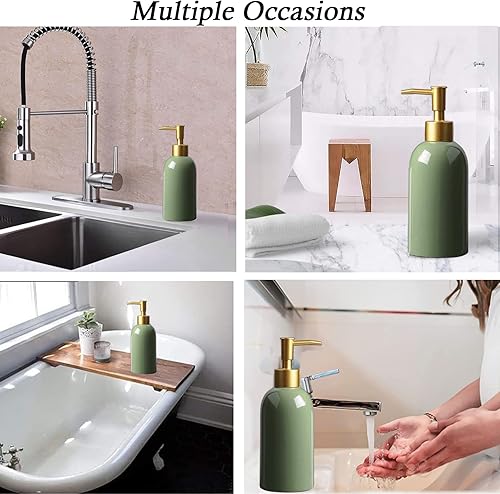 Miniatura 7 de Dispensador de jabón de cerámica verde con bomba dorada, botella dispensadora de loción cilíndrica de diseño simple, dispensador de jabón líquido