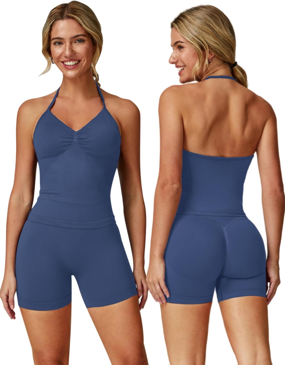 ABOCIW Workout Sets for Women 2 Piece Seamless Impact Longline Strappy Top Scrunch Butt High Waist Biker Shorts Gym Set