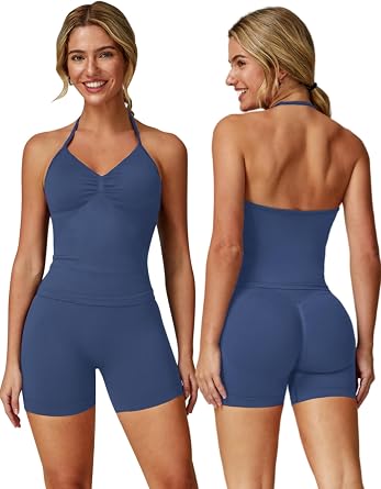 ABOCIW Workout Sets for Women 2 Piece Seamless Impact Longline Strappy Top Scrunch Butt High Waist Biker Shorts Gym Set