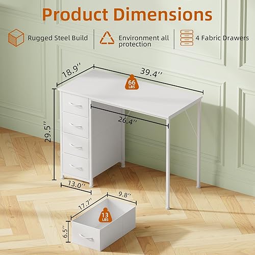 Miniatura 3 de Somdot Escritorio pequeño para computadora con 4 cajones para dormitorio, escritorio simple de oficina en casa de 39 pulgadas, mesa de estudio con