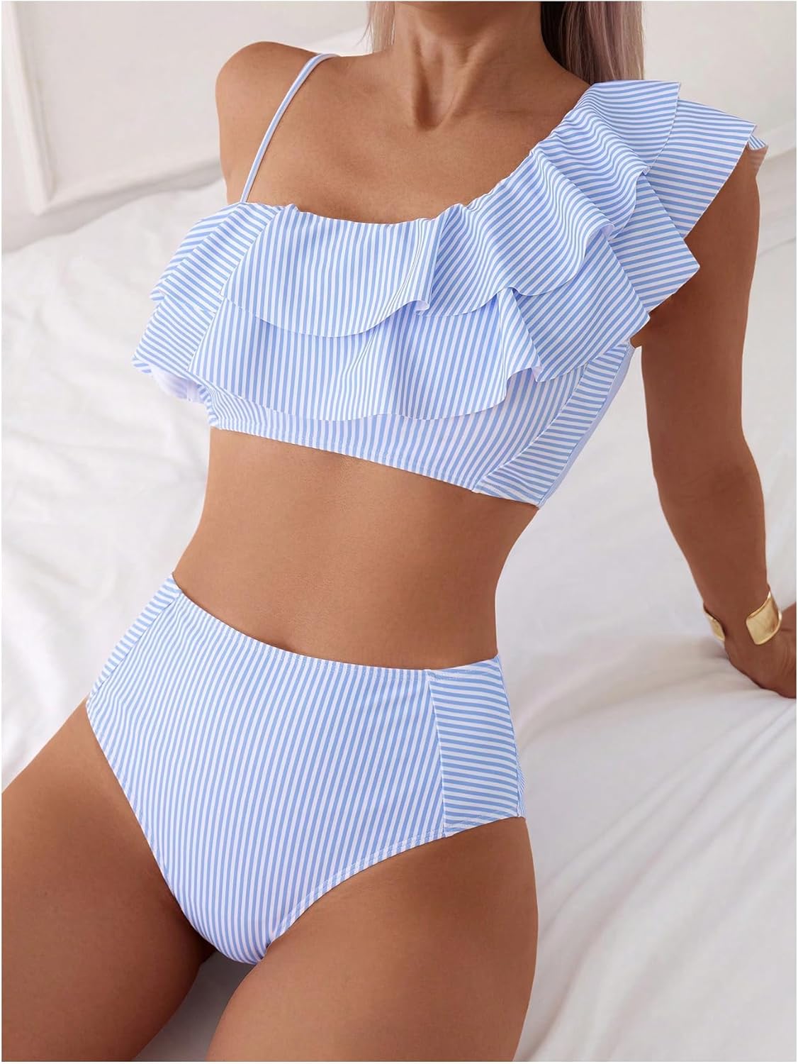 Floerns Women's 2 Piece Striped Bikini Set Ruffle Trim Swimsuit Beach Vacation Bathing Suit