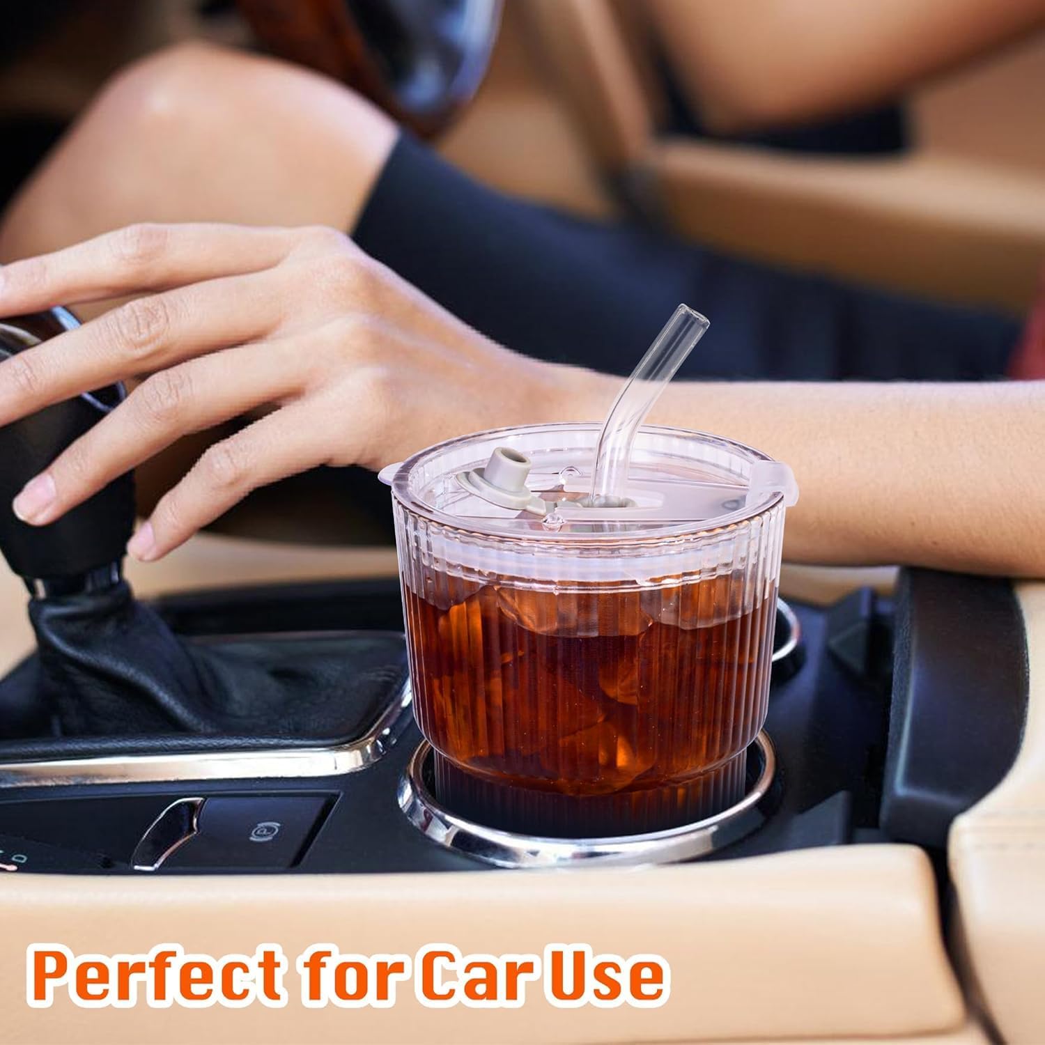 13oz/400ML Glass Tumbler with Straw and Lid Ribbed Vertical Ice Coffee Cups Sealed Carry on for Coffee Iced Tea, Thick Wall Glassware Tumbler Water Glass (1) - Image 5