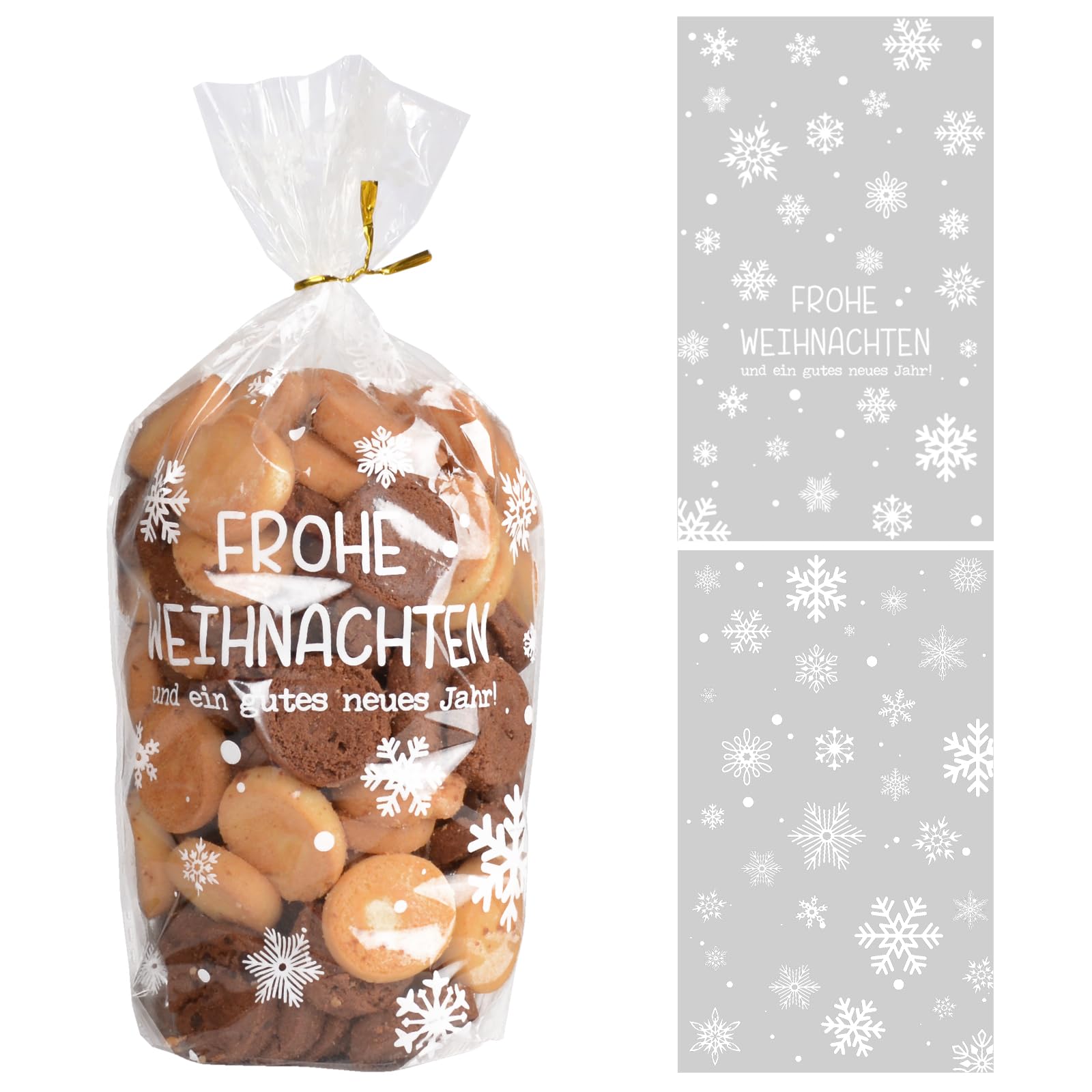GWHOLE Weihnachts-Gebäckbeutel 100 Stück – Klare Cellophan-Tüten Mit Schneeflocken-Motiv, 25x15 Cm Inkl. 100 Drehverschlüsse – Ideal Für Plätzchen & Kleine Geschenke