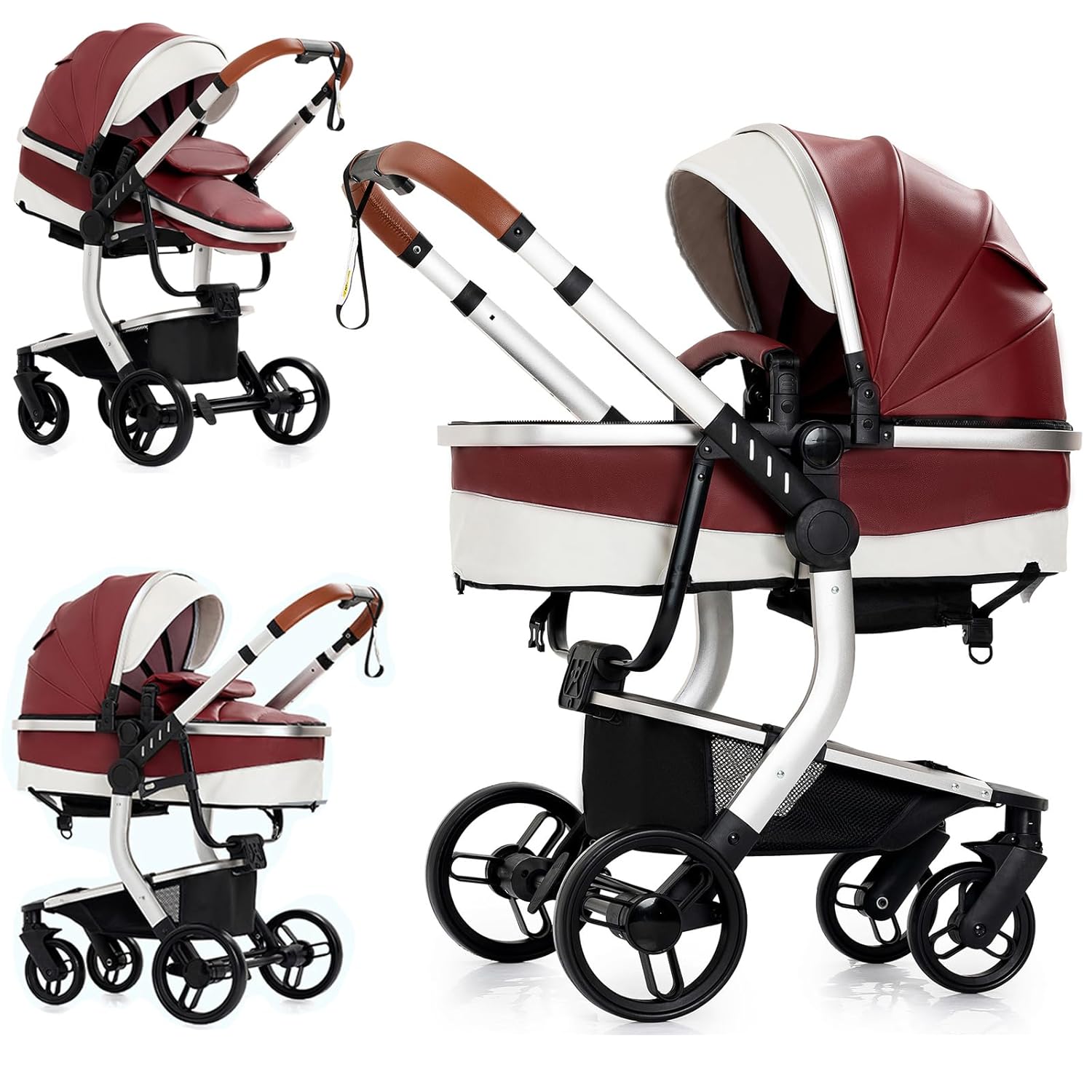 PU Leather 2 in 1 Baby Stroller Reversible Portable Standard Baby Stroller Convertible Pushchair Infant Buggy Baby Carriage Foldable High Landscape Pram Toddler Newborn (2US518-Red)