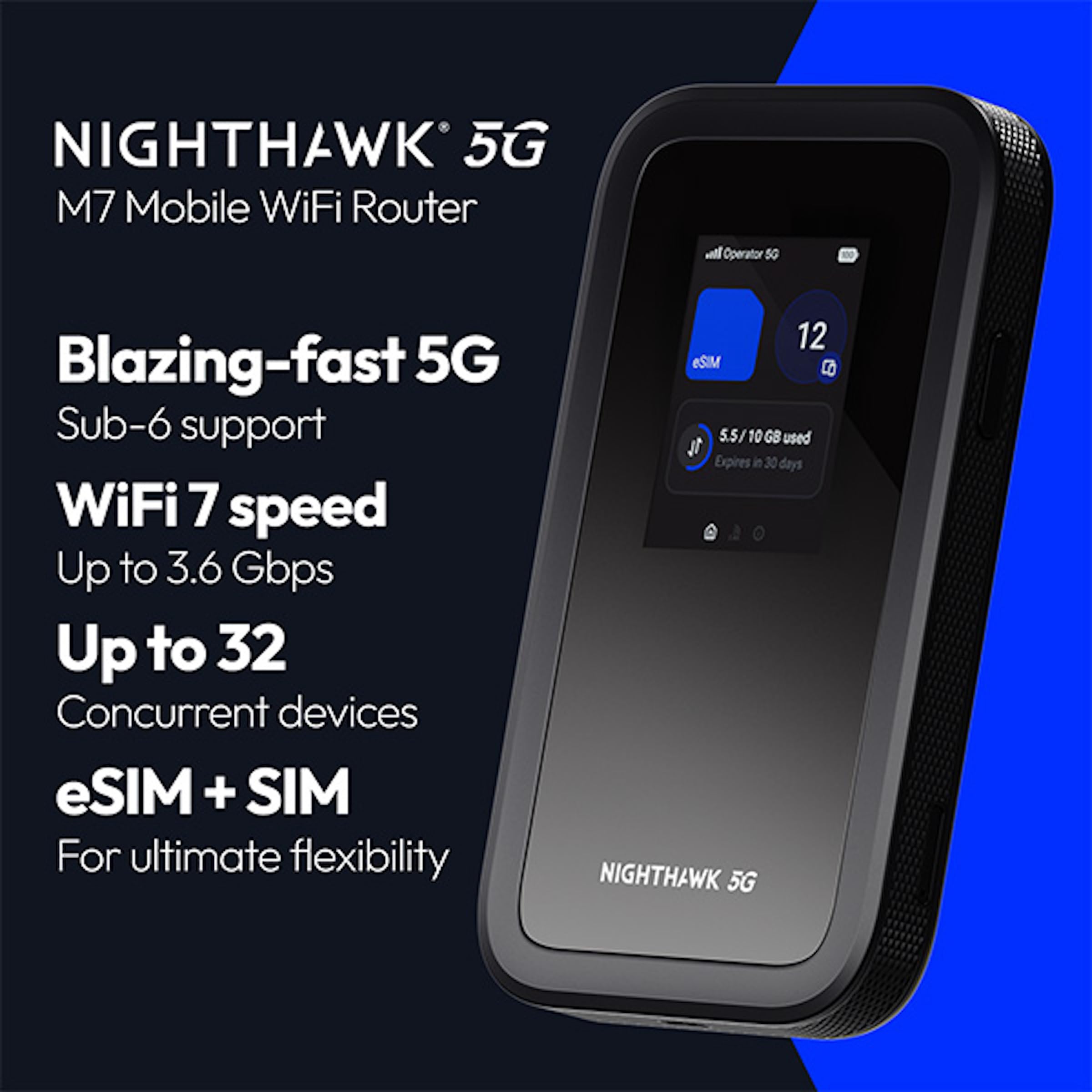 NETGEAR Nighthawk M7 | 5G MiFi Router with eSIM | Unlocked Portable WiFi Hotspot With Physical Sim Slot, compatible with any provider | 5G/4G/LTE – for Travel, Work | WiFi 7| 3.6 Gbps | MH7150 — view 2