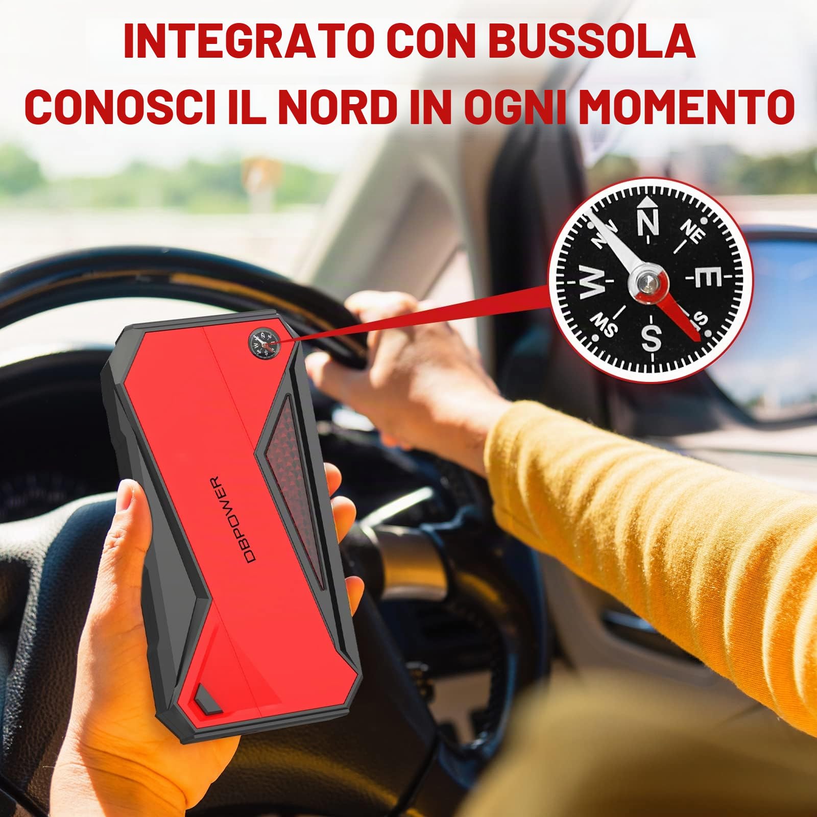 DBPOWER Avviatore di emergenza portatile per auto con picco 1600 A (fino a 7,2 l a gas e motori diesel da 5,5 l), batteria da 12 V con morsetti di avviamento intelligenti, bussola, torcia a LED e