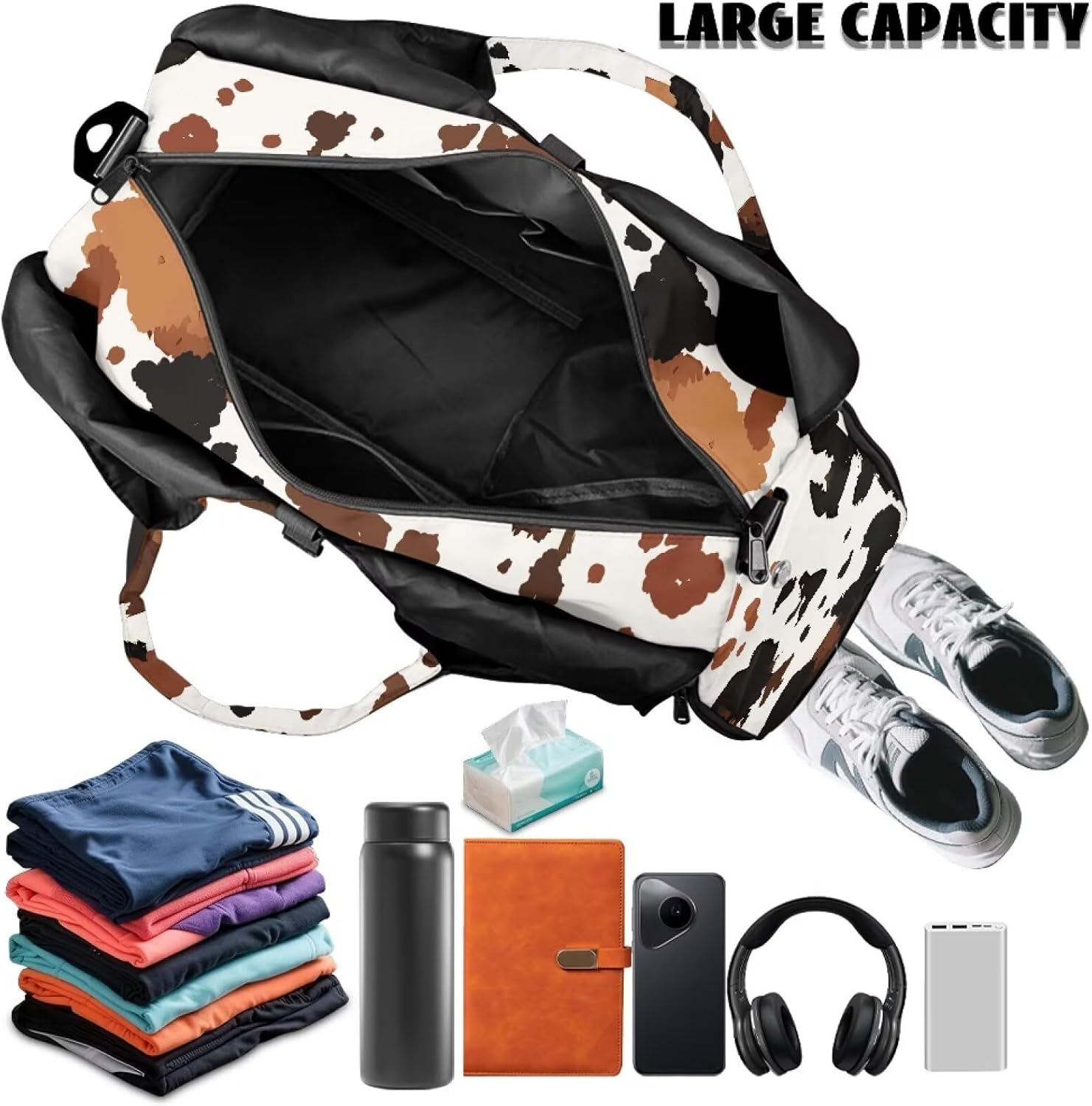 Cow Print Gym Bag with Shoes Compartment, Gym Bags for Women with Yoga Mat, Detachable Strap, Ventilated Lightweight Overnight Bag