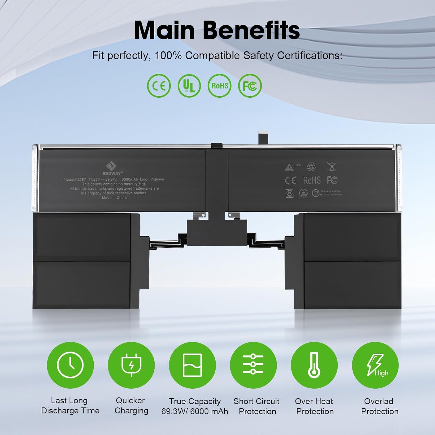 E EGOWAY A2941 A2797 Laptop Battery Replacement for MacBook Air 15 Inch M2 (2023), EMC 8301, 6000mAh Capacity