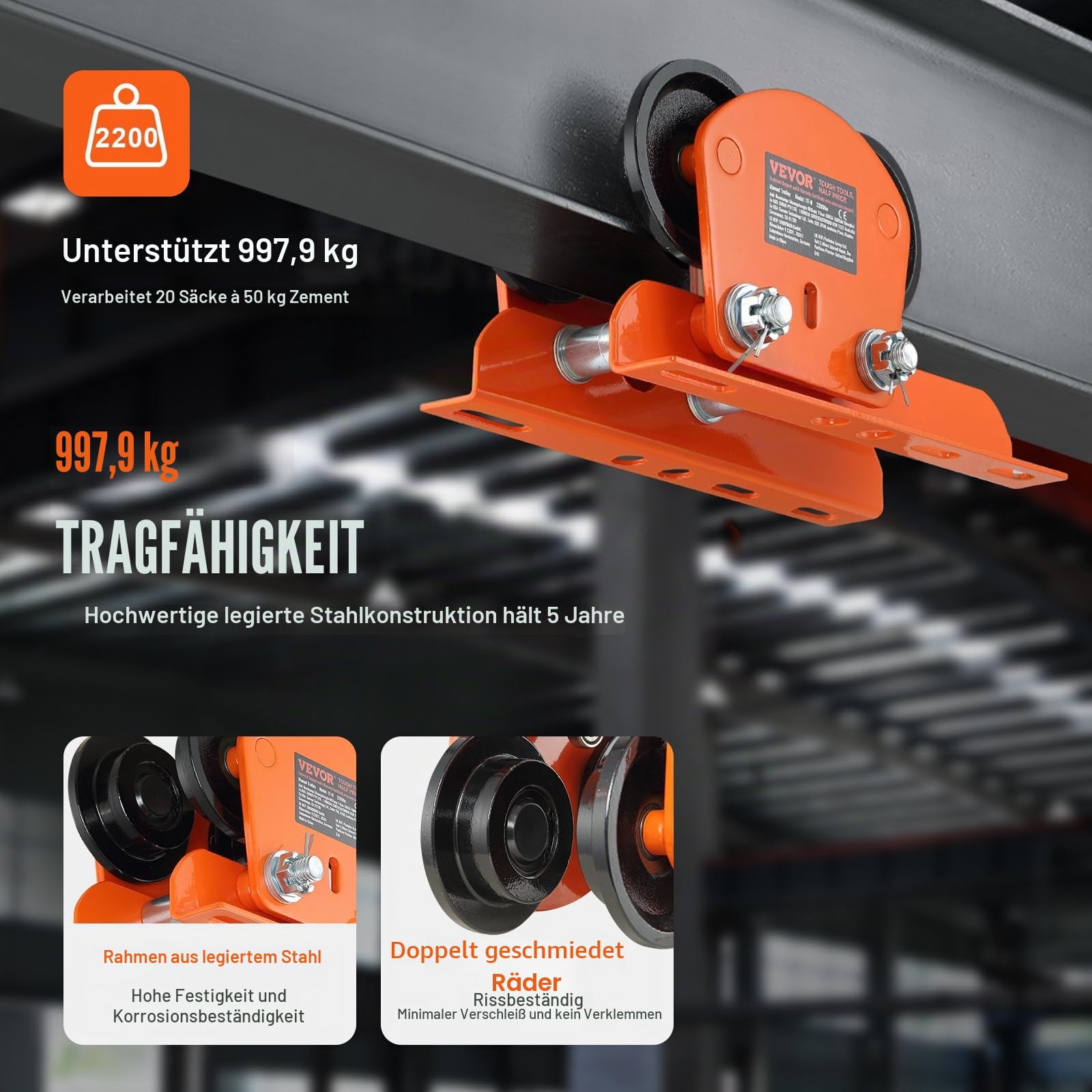 VEVOR Laufkatze 1Tonnen Tragfähigkeit Hallenkran 68-110mm Einstellbare Breite Kran 350x196x160mm Rollfahrwerk Doppelrad-Design Handfahrwerk für I- und H-Trägern Hallenkran Ladekran